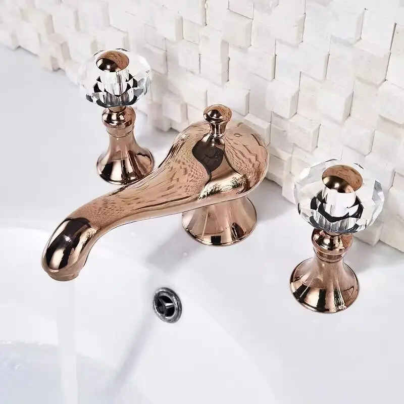 

Rose gold finish 8 inch 3 holes widespread bathroom Lavatory Sink faucet Crystal handles tap Deck mounted