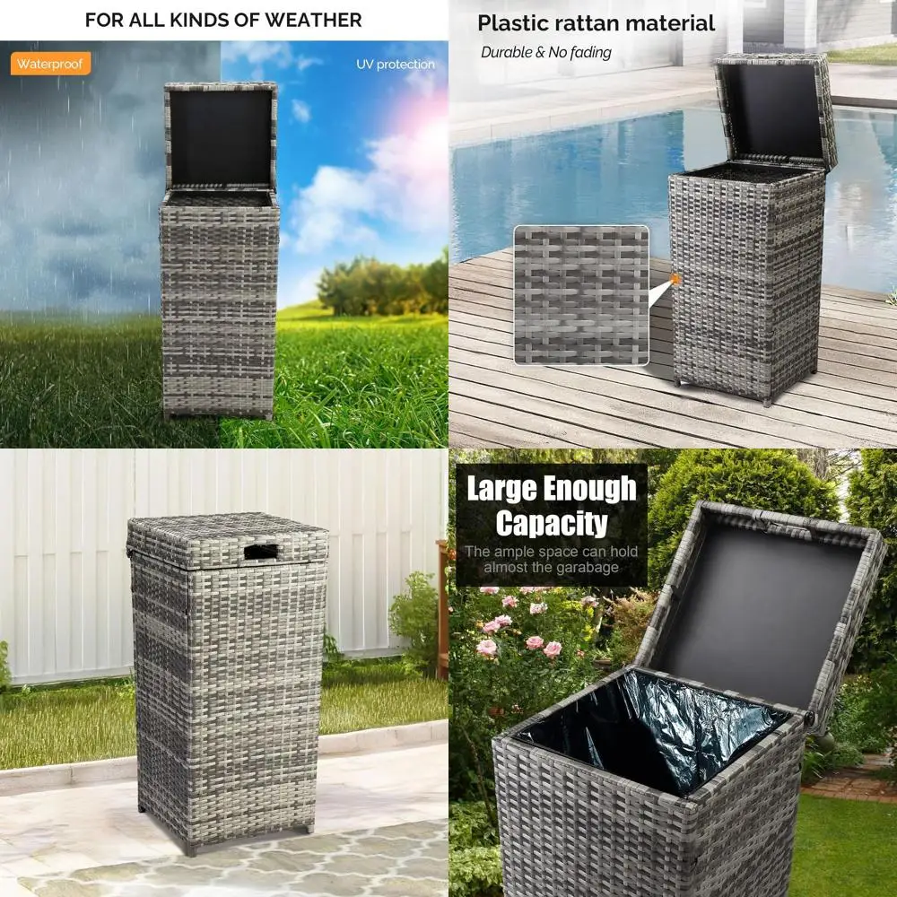 

27 Gallon Grey Rattan Outdoor Trash Bin with Removable Lid
