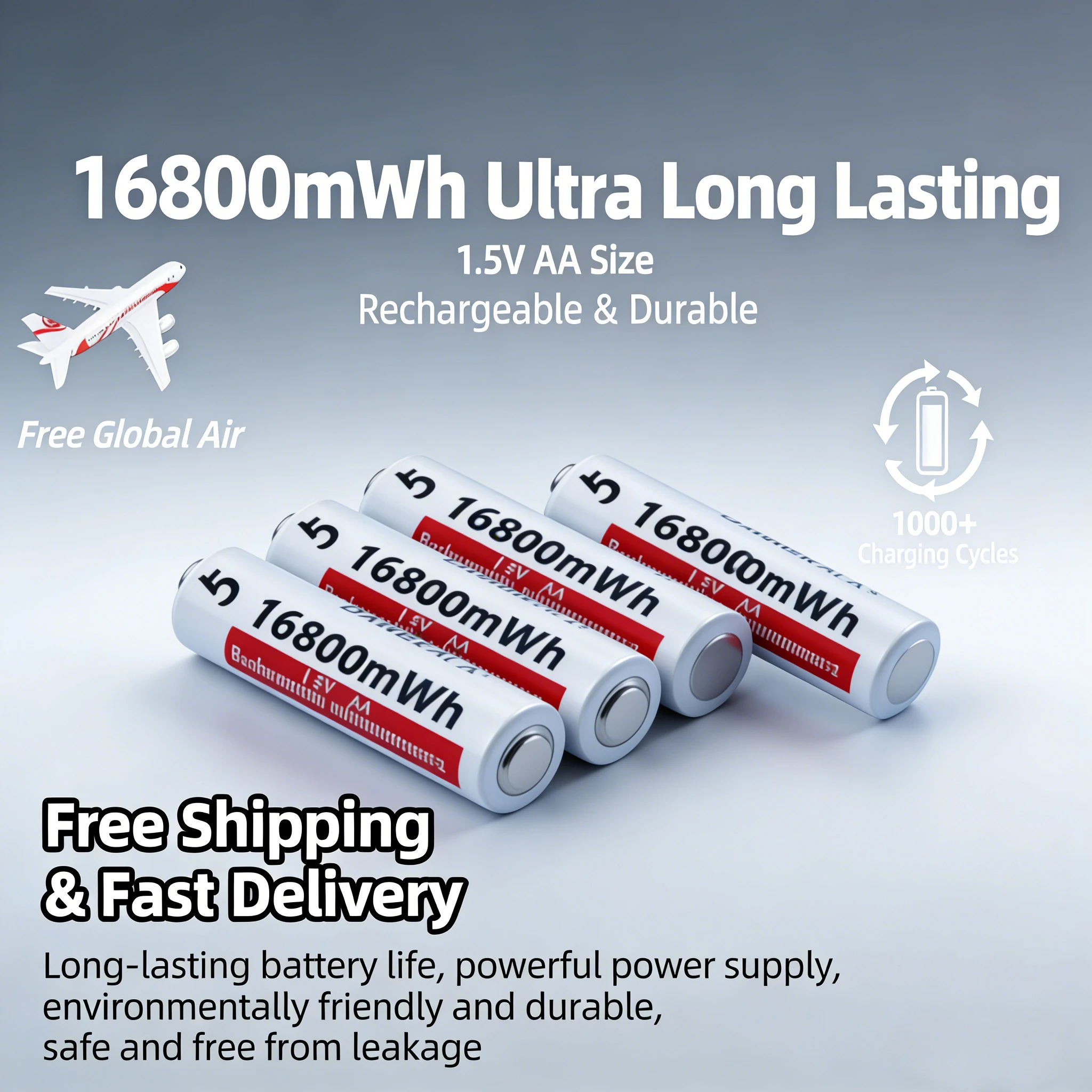 

1.5V AA Rechargeable Li-ion Battery 16800mWh High Capacity Lithium Ion Batteries for Camera, Toy, Game Controller & Mouse
