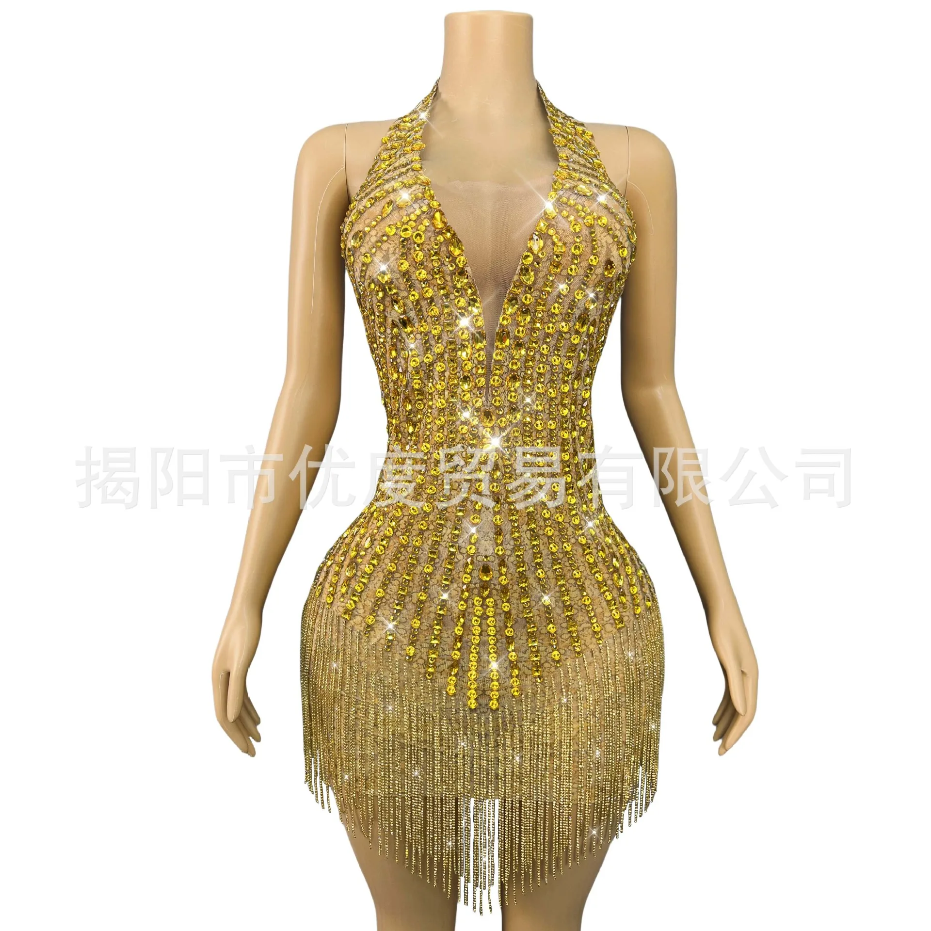 Golden Backless Halterneck Rhinestone Chain Short Skirt Female Singer Party Dance Performance Golden Silkworm Yarn Evening Dress
