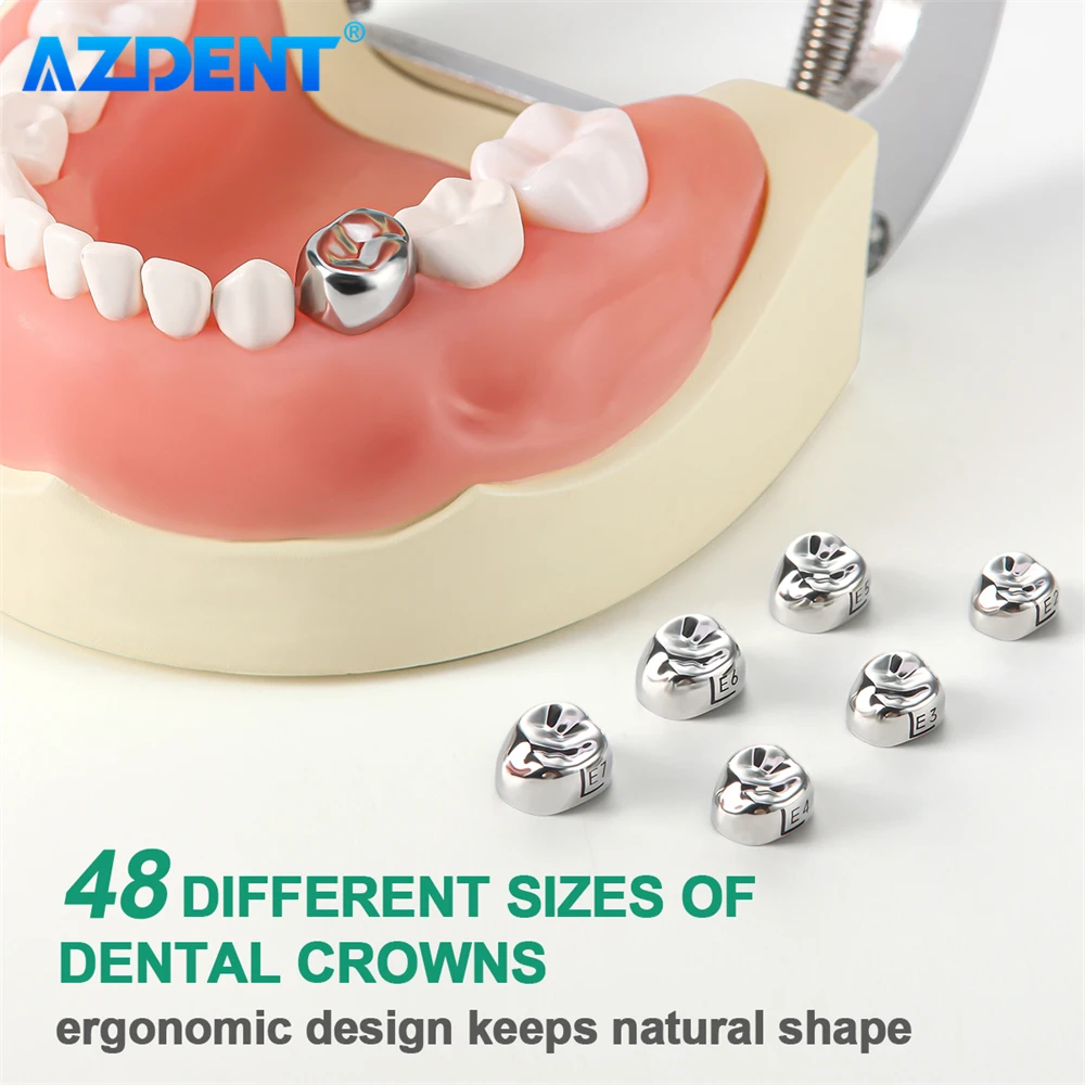 48PCS AZDENT Dental Primary Molar Crown Teeth Preformed Stainless Steel Temporary Crowns Kit for Kids Pediatric Dentistry Tools