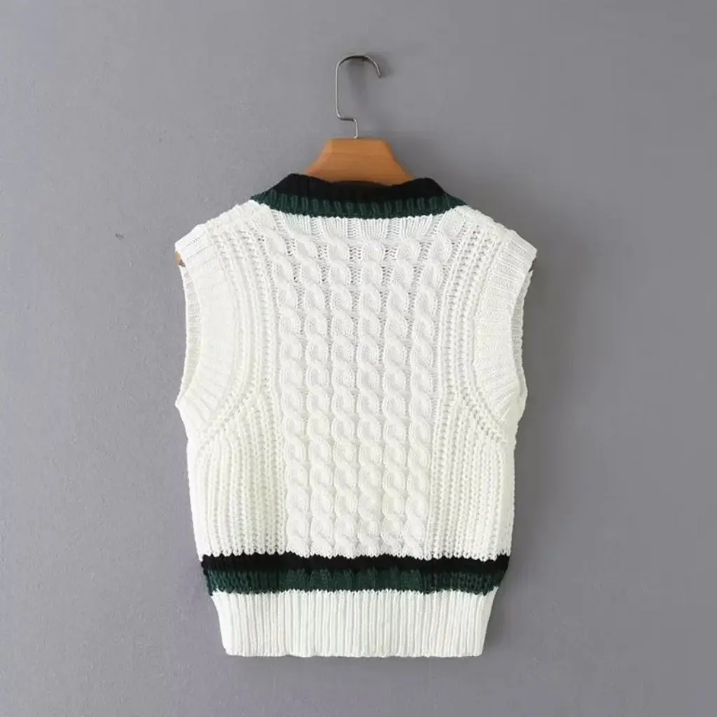 

Girls College Style V-Neck Contrast Color Knitted Vest Autumn Winter Sweater European American Fashion Shoulder Waistcoat