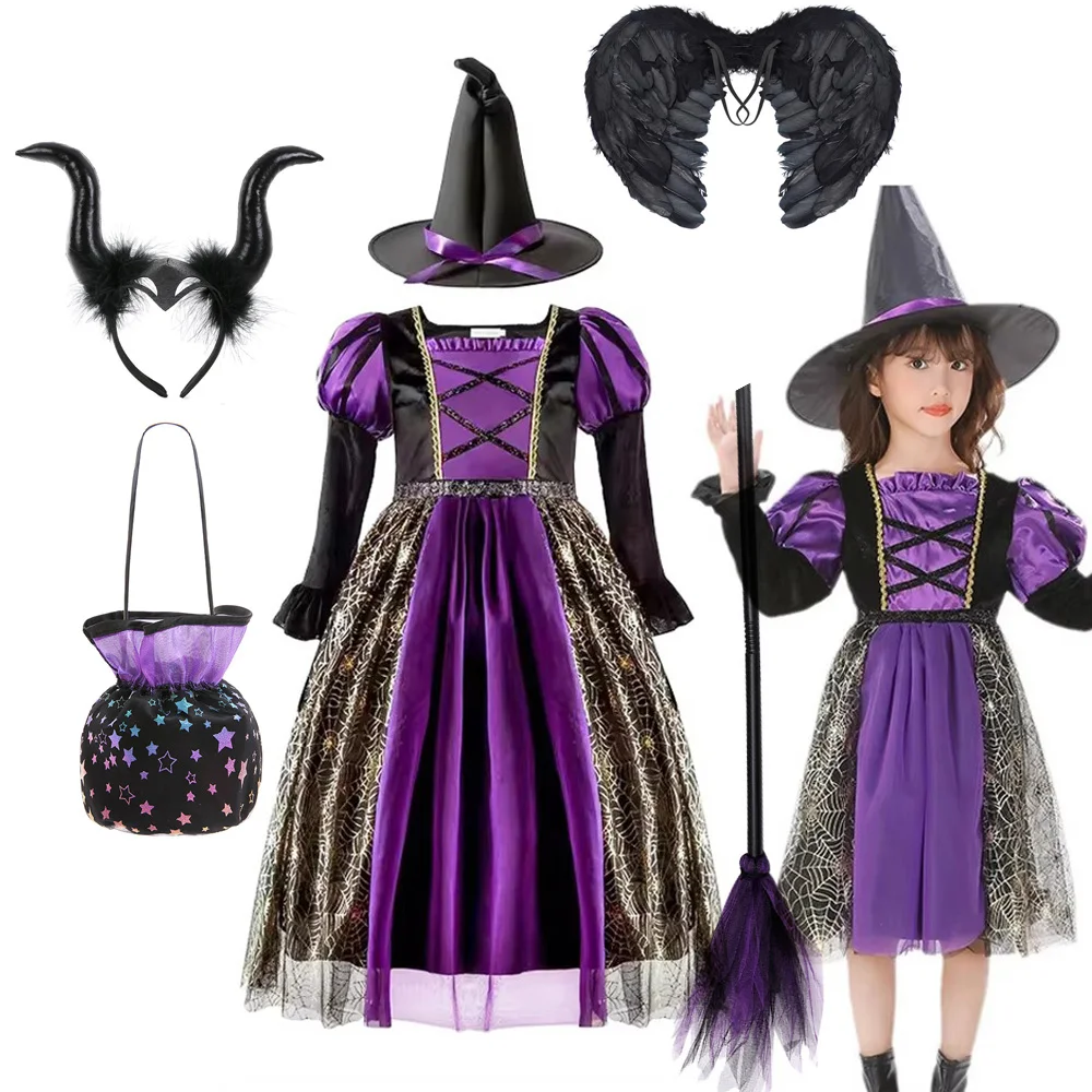 Hexenkostüm für Mädchen, Gothic Schwarzes Kleid, Halloween Karneval Party Langarm-Outfit, Mädchen Auftrittskleidung