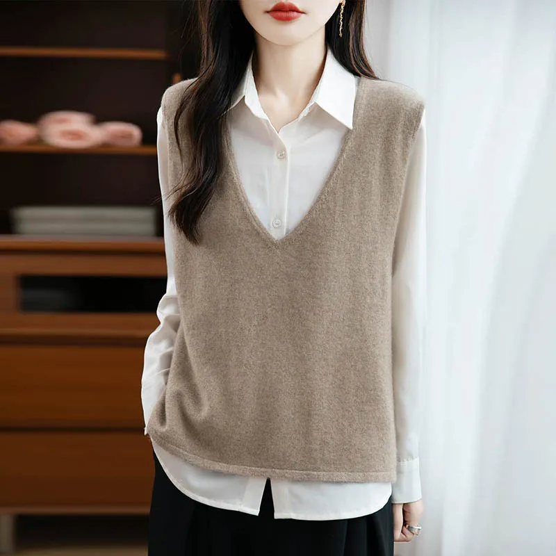 100% lã merino camisola colete sem mangas pulôver para primavera e outono moda feminina malha cor sólida colete roupas femininas