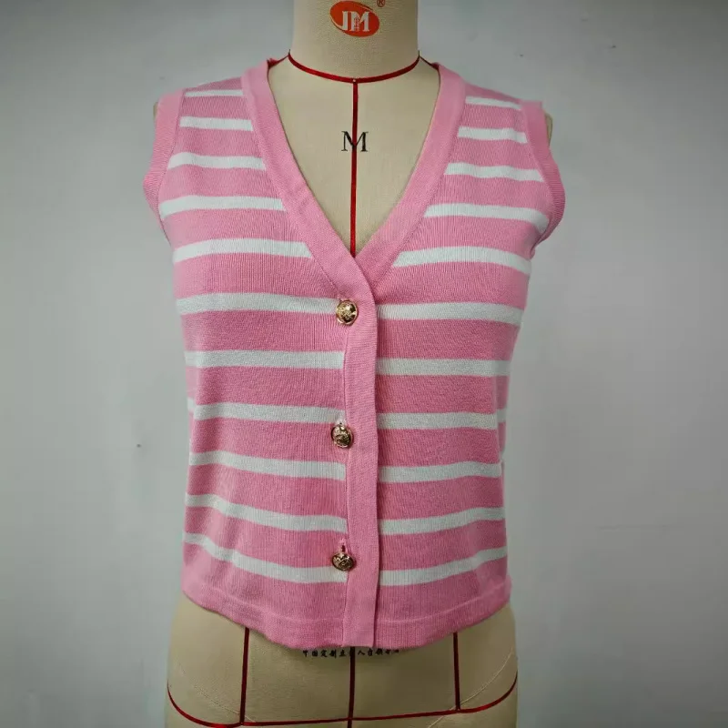 

Knitted Striped Vest Loose-Fitting Women's Top Cropped Vest2025Summer Sleeveless Button Cardigan Sweater Back