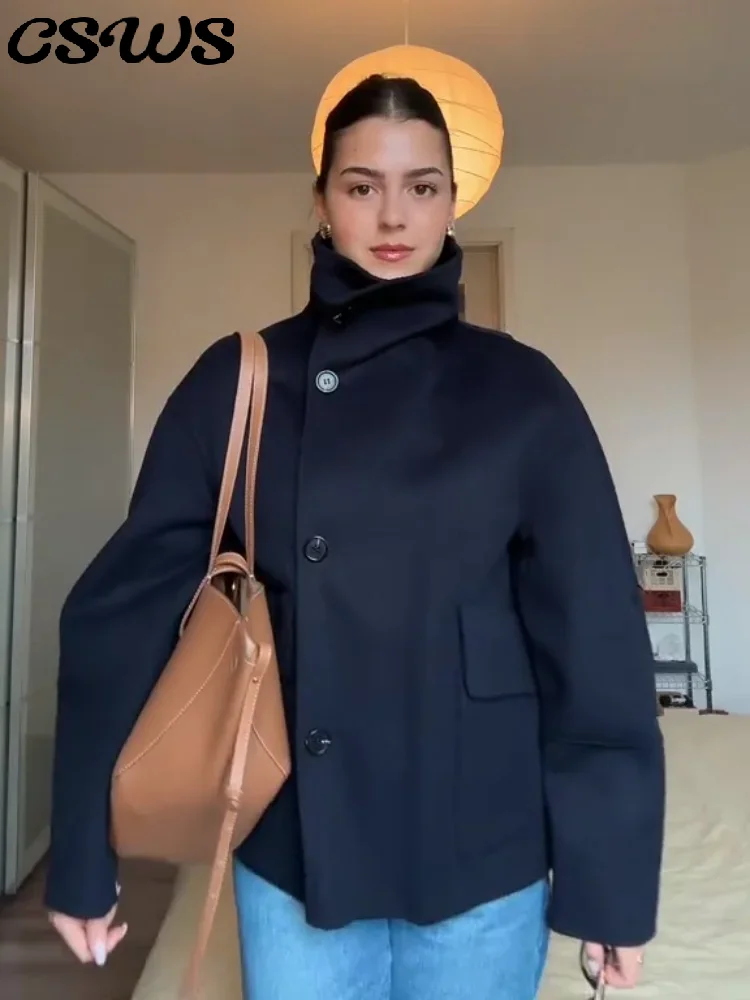 

Elegant Stand Collar Jacket Women Solid Single Breasted Pockets Long Sleeve Jackets Female 2025 Fashion Autumn Short Coat