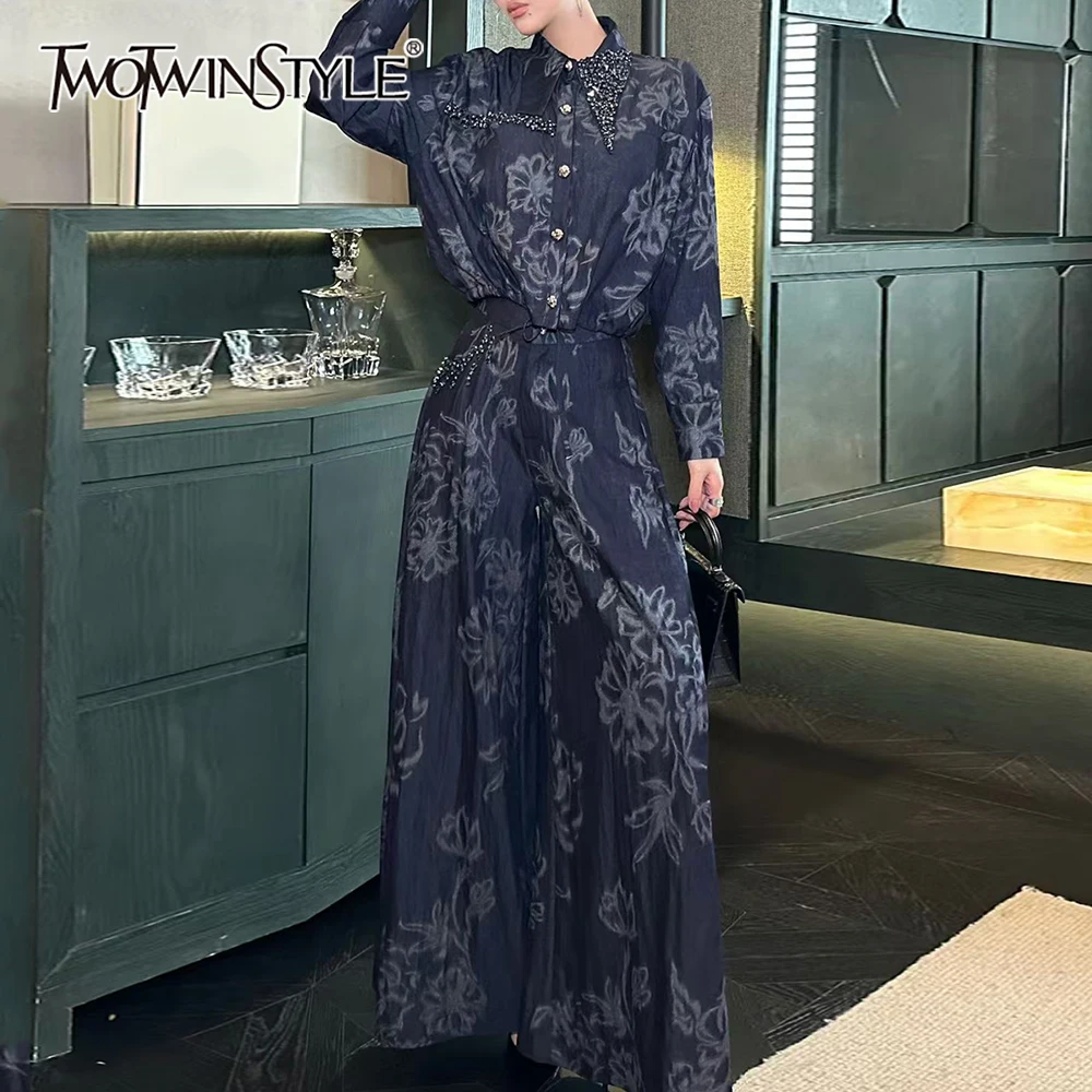 

TWOTWINSTYLE Solid Spliced Printing Two Piece Set Female Lapel Long Sleeve Shirt Elegant Casual Women's Pants Set Fashion New