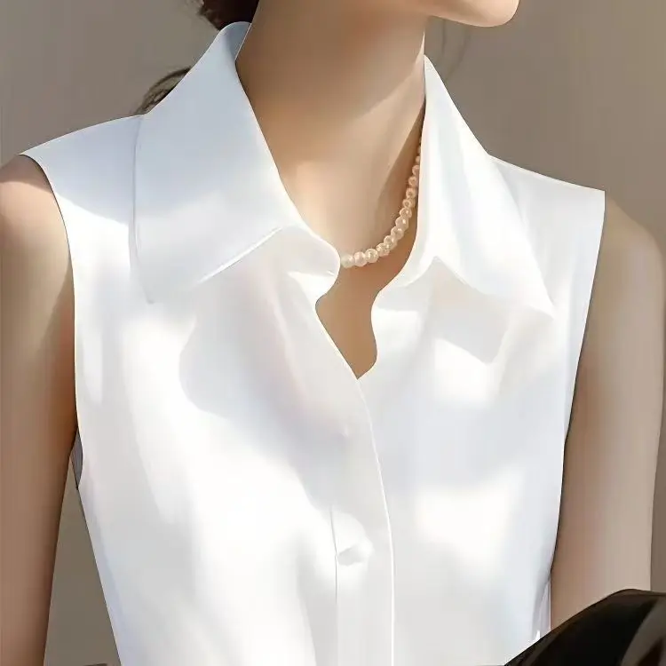 

French Satin POLO Collar Sleeveless Vest Shirt for Women in Spring and Summer New Versatile Casual TopYY96