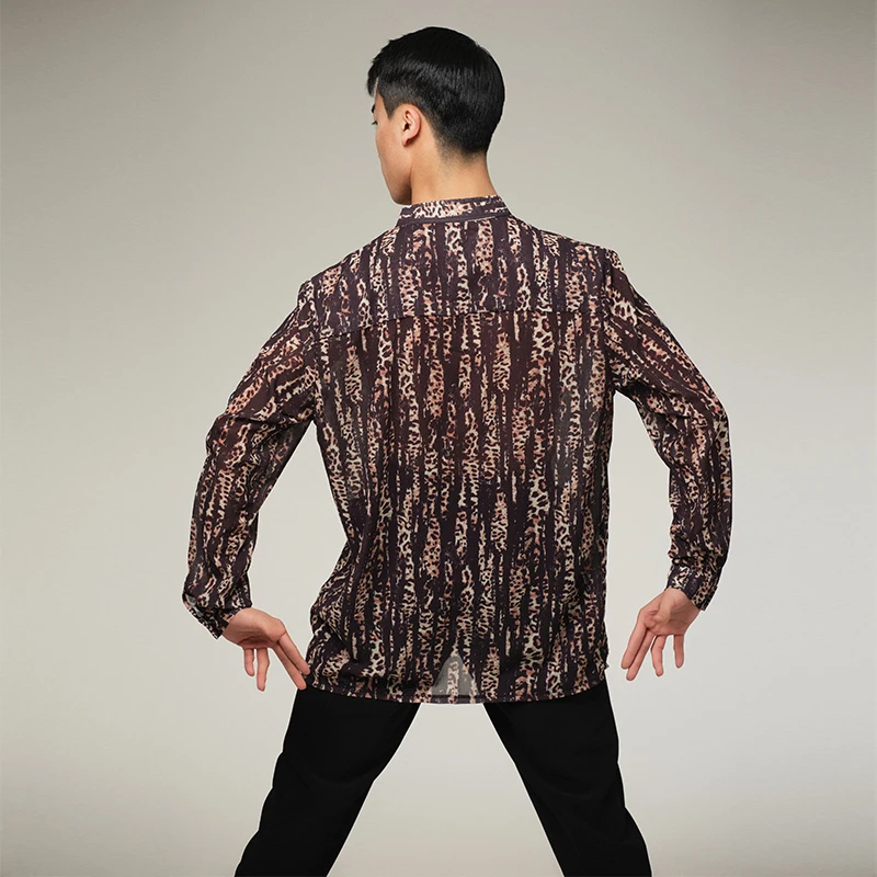 Robe de pratique latine personnalisée pour hommes, vêtements de Performance, édition ample, imprimé panthère jaune, col montant, petit haut à manches longues