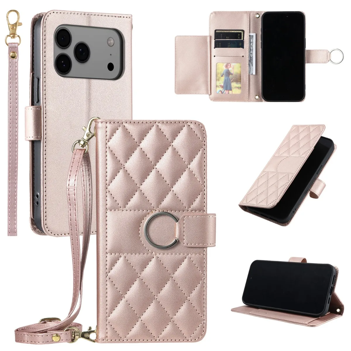 Luxury Leather Phone Case for IPhone Air 18 17 16 15 Plus 14 13 12 11 Pro Max Crossbody Wrist Strap Wallet Stand Protect Cover view 2