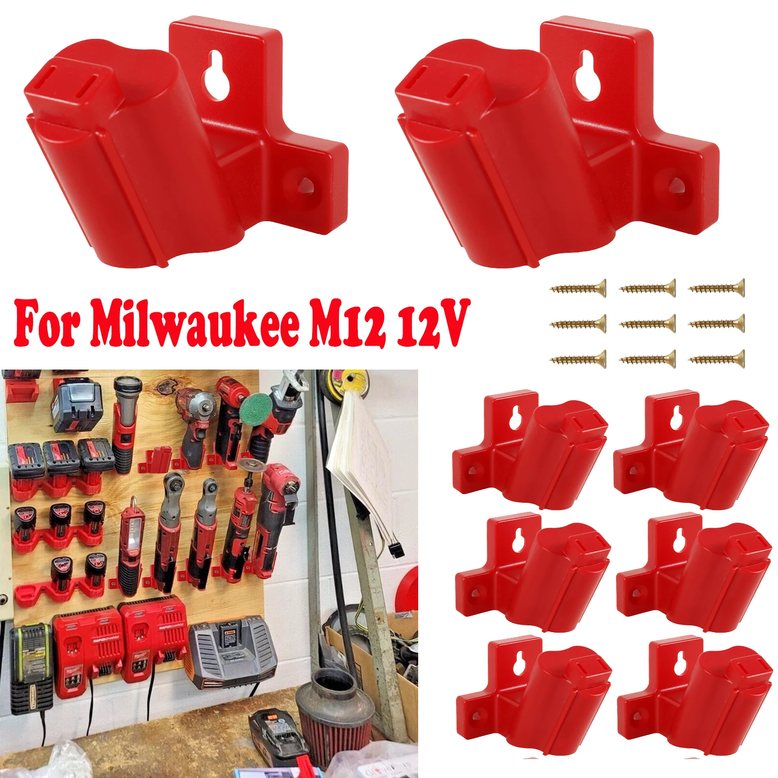 

6 Pcs Tool Battery Holder Compatible with Milwaukee M12 12V Drill Tool Hanger Power Tool Storage Wall Mount Drill Organizer