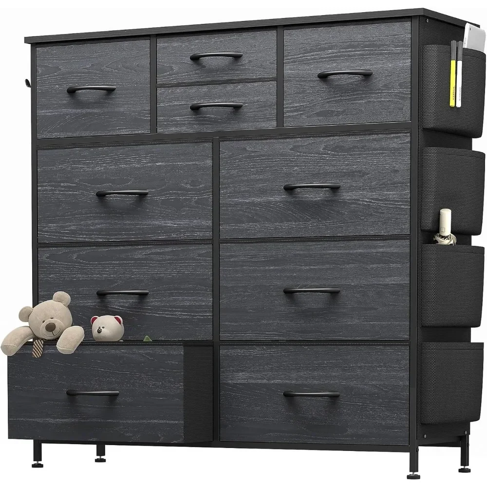 Dresser for Bedroom with 10 Drawers, Chest of Drawers with Side Pockets, Hooks, Wooden Top and Sturdy Metal Frame