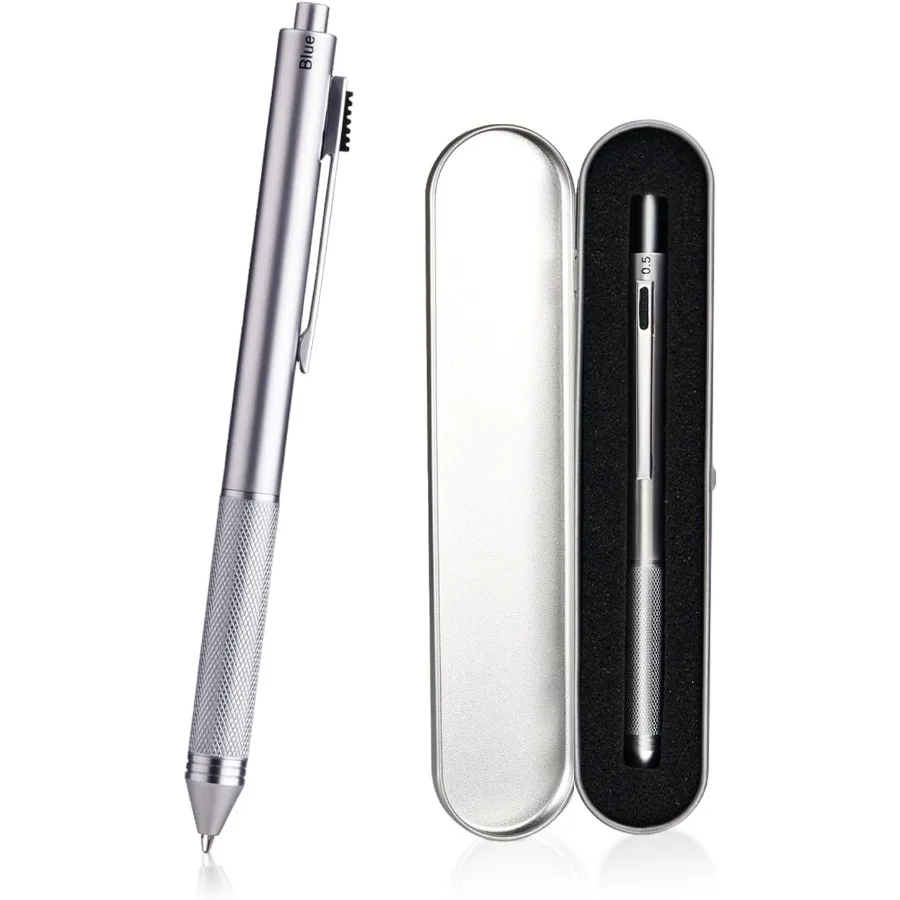 SMTTW 4-in-1 Multi-Function Refillable and Retractable Ballpoint Pen with 0.5mm Mechanical Pencil Fine Point Silver Metal Barre