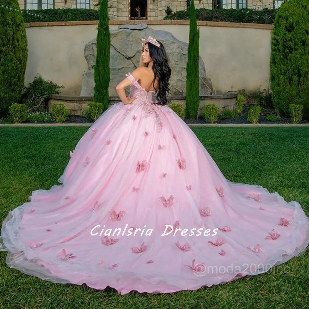 

Pink Off The Shoulder Corset Mexican Quinceanera Dress Ball Gown 3D Butterfly Appliques Lace Vestido De XV Anos