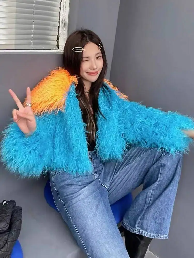 Women Faux Sheep Coat Contrast Color Lapel Top Cropped Winter Fur Jacket Woman Outerwears New In Coats & Jackets