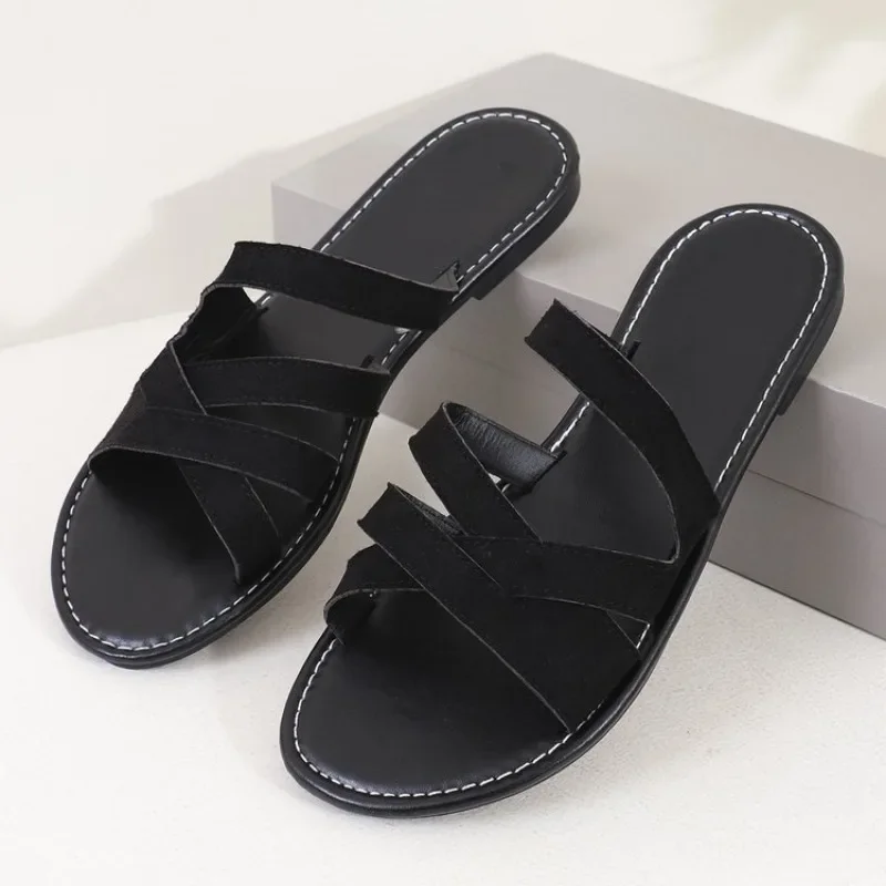 Denim Womens Slippers Summer Slip on Solid Color Casual Flip Flops Open Toe Flat Soft Bottom Breathable Shoes Slippers for Women