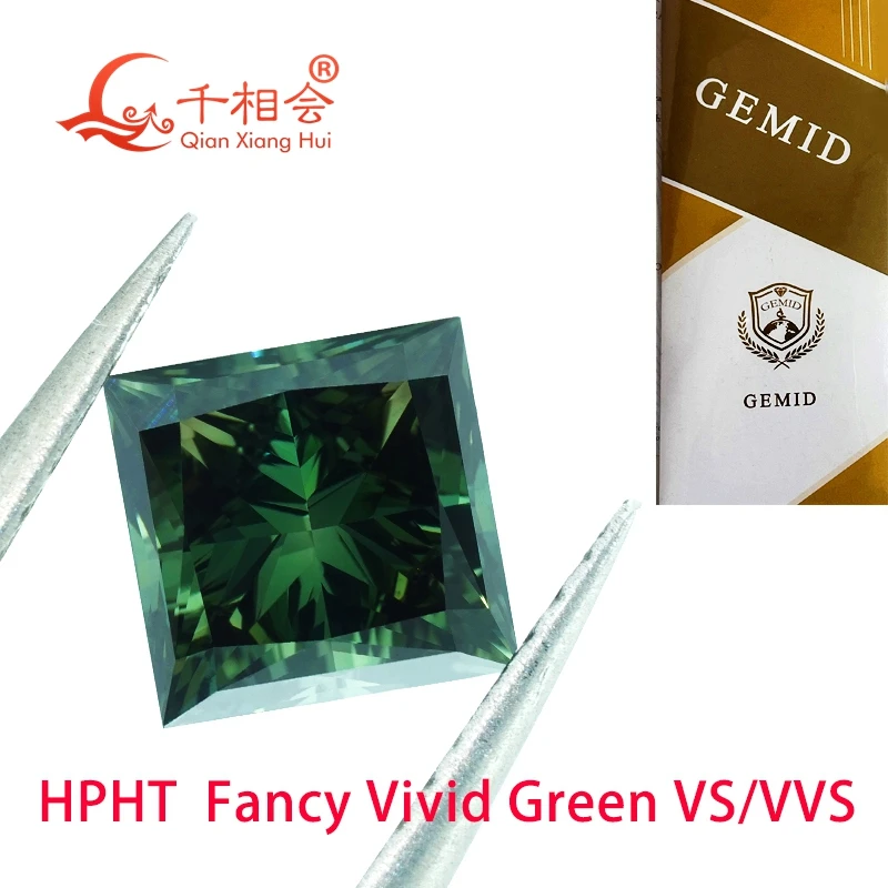 

HPHT diamond Fancy Vivid Green 1.2ct VS1 clarity square shape princess cut GEMID certificated lab grown diamond loose stone