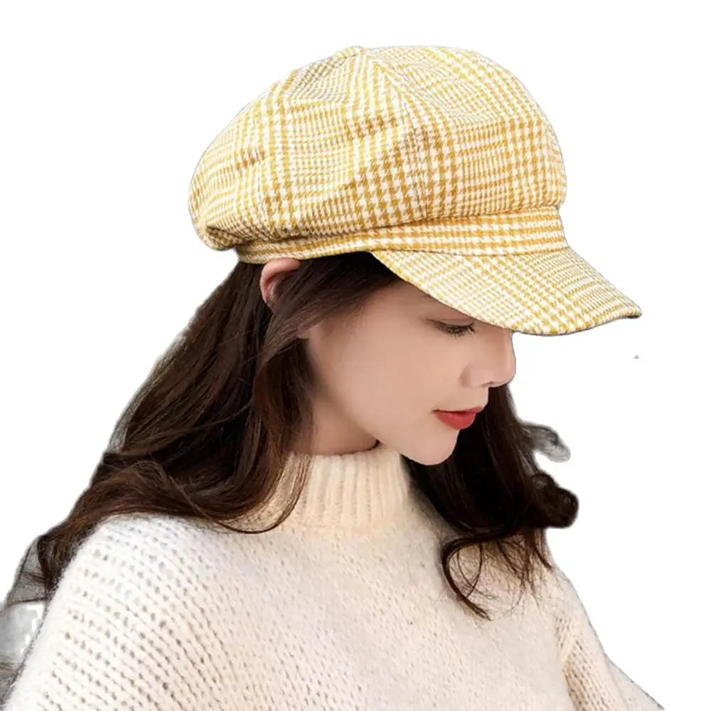 Vintage Men Women Visor Cap Plaid Warm French Hat Beret Hat Wide Brim Octagonal Cap Autumn Winter кепка женская