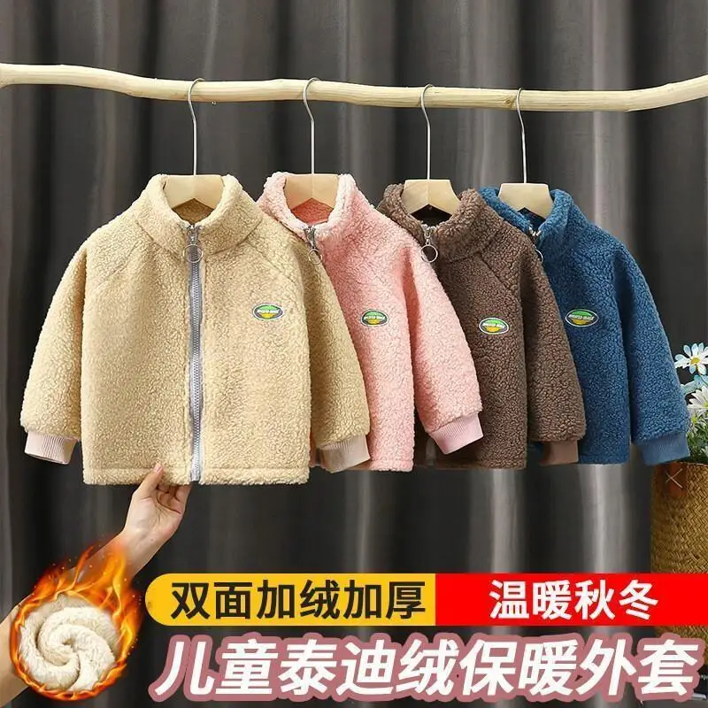 Kawaii Casual Coat Tops Fashion Childrens Clothing New Kids Teddy Fleece Zipper Jacket Warm Fleece Lined Coat For Boys Girls