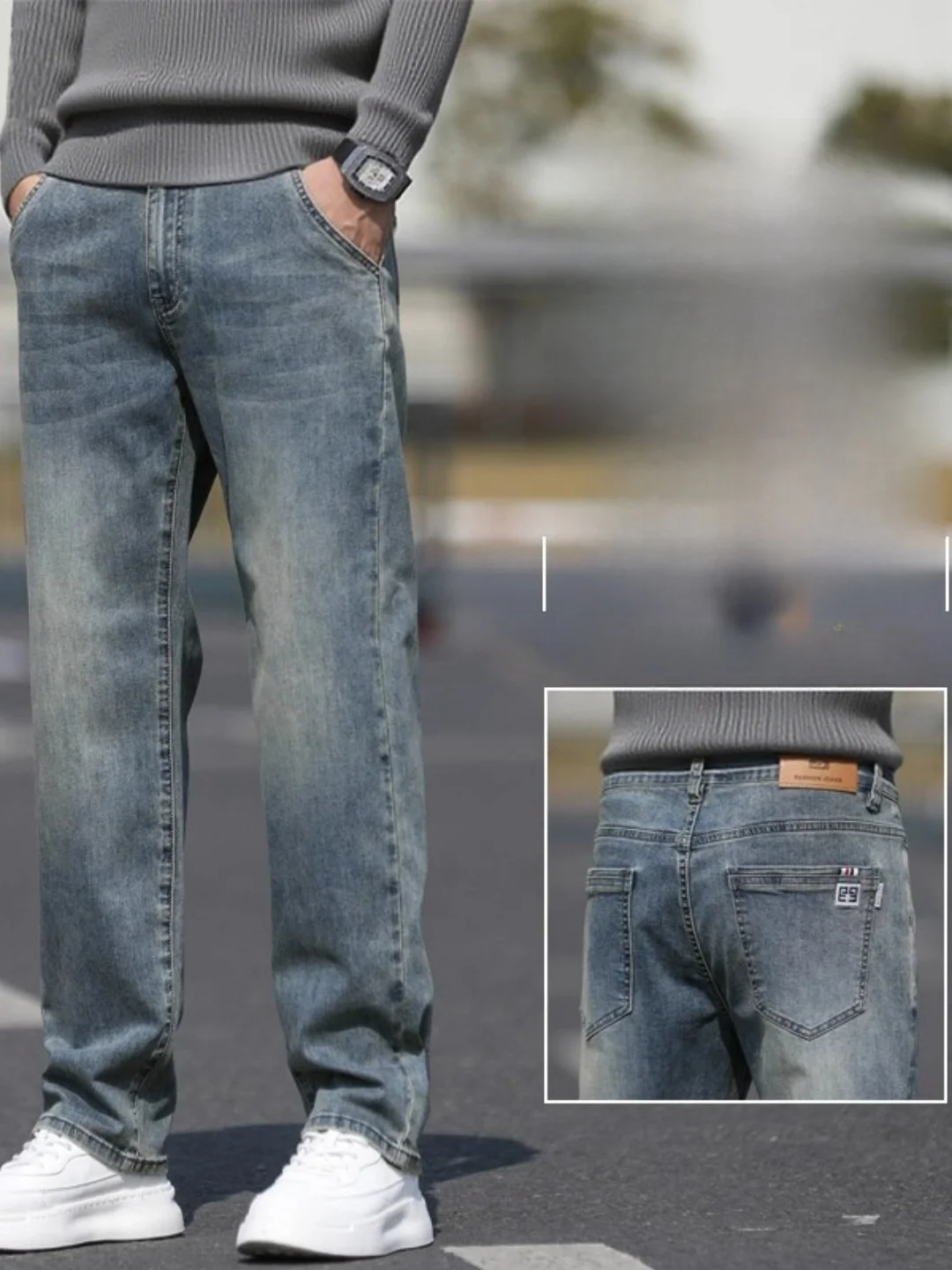 Men's Casual Straight Leg Jeans Elastic Loose Fit Autumn Winter Thickened Fleece Wear Resistant Cotton Stretch Denim Pants
