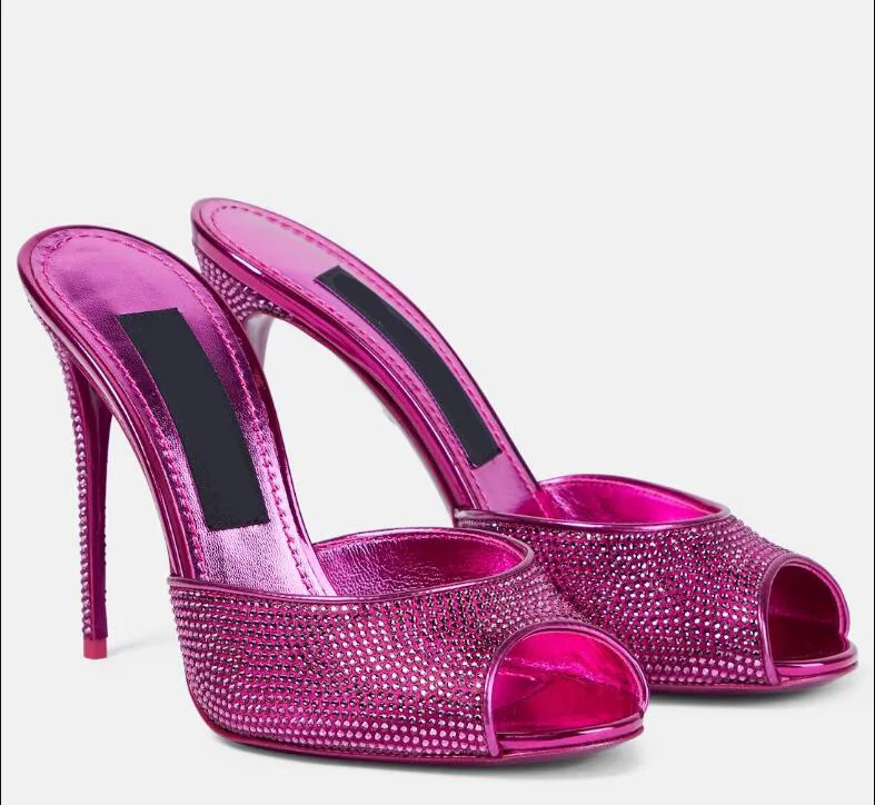 

Shimmering Pink Crystal Embellished Satin Sandals Women's High Heel Slip On Open Toe Mules Show Shoes