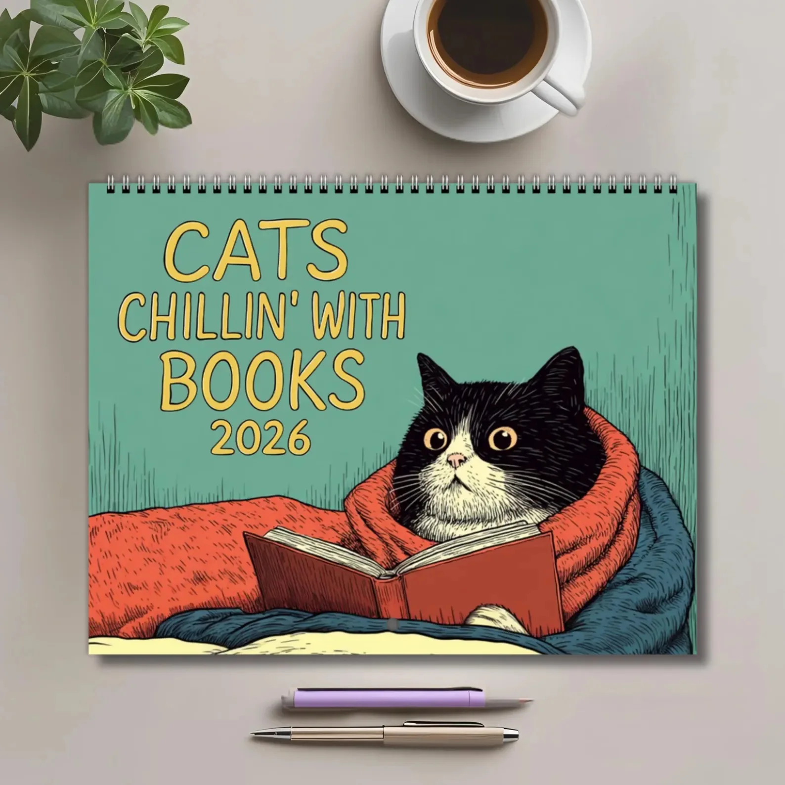 

2026 Cat Wall Calendar, Cats Relaxing with Books Cute Cat Art Funny Cat Calendar Gift for Book Lovers Unique Home Decor
