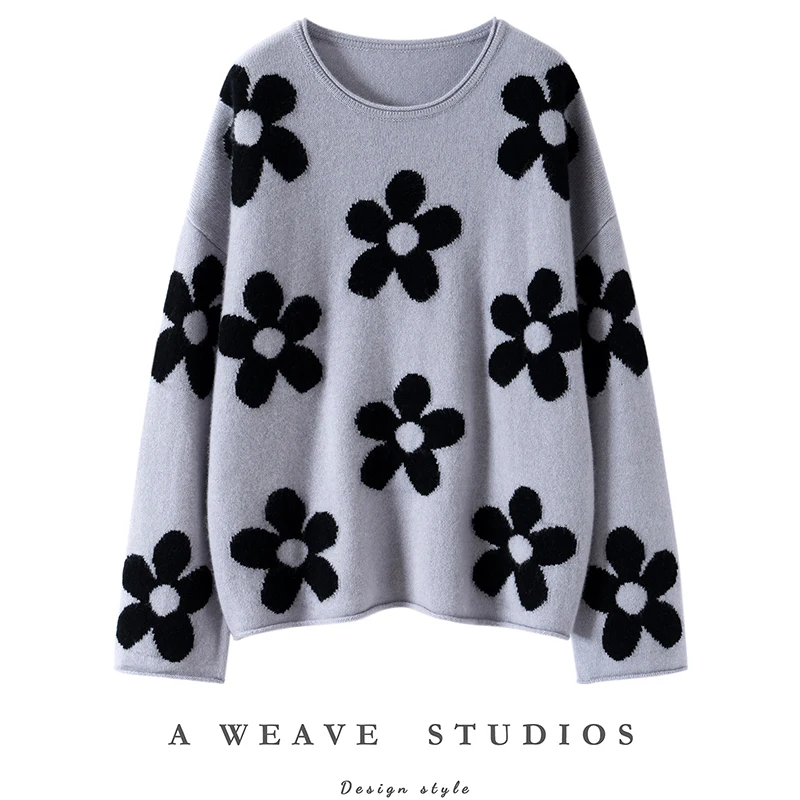 

Women's O-neck Pullover Cashmere Sweater Loose Floral Pattern Autumn Winter 100% Cashmere Knitwear Jacquard Curled Edge Clothes