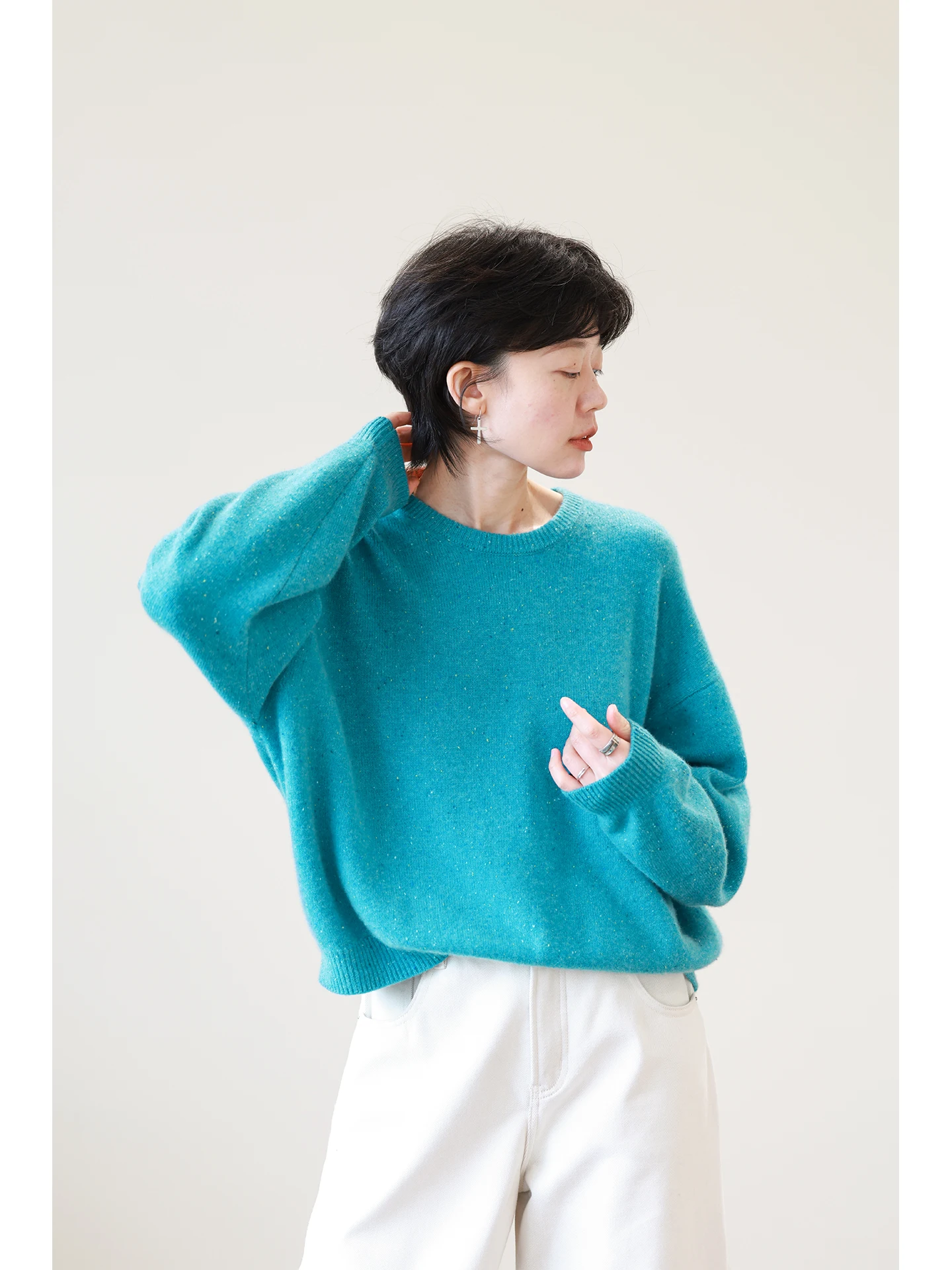

100% Cashmere High Gauge Soft Comfortable Women's Sweater Vintage Bright Blue Dot Lazy Knitwear Loose Fit Long Sleeve Warmth