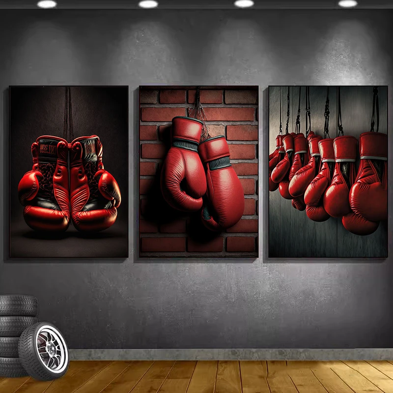 AZNM Vintage Red Boxing Gloves Canvas Wall Art, Cool Sports‑themed Frameless Canvas Print Poster for Gym Bedroom Man Cave Wall D