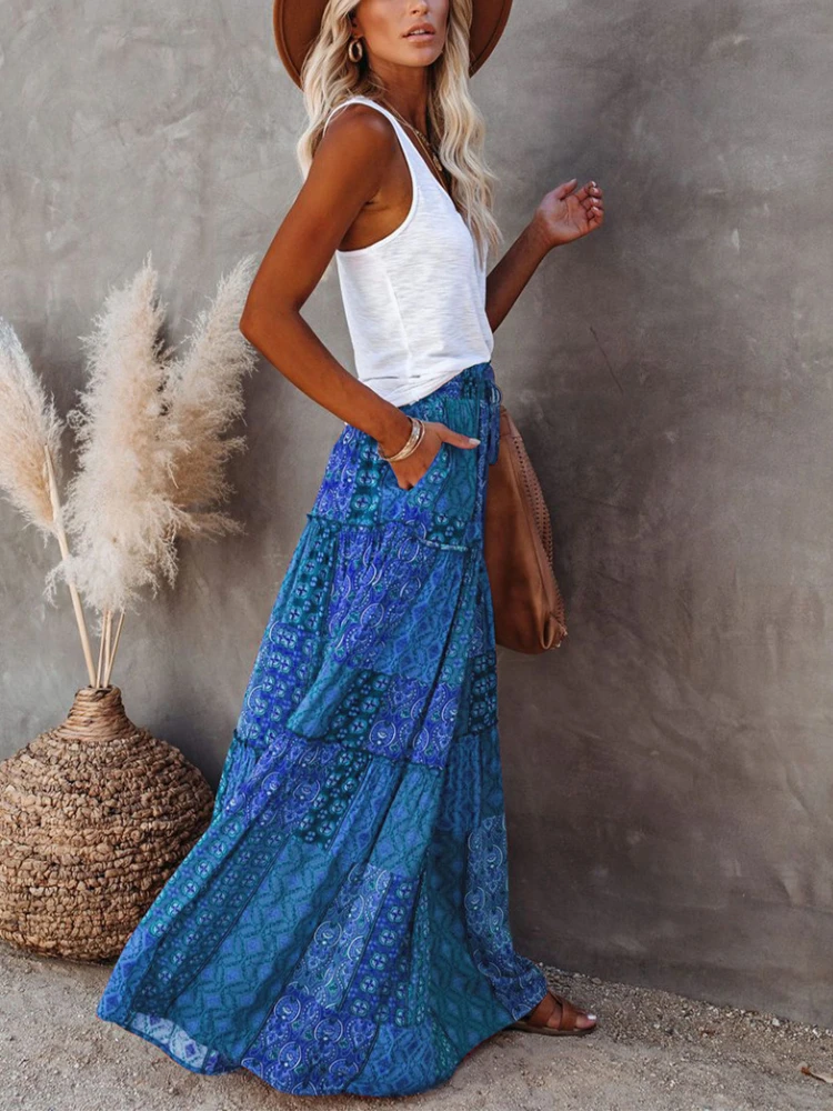 Women\'s Long Skirts Fashion Bohemian Print Maxi Skirt Winter Holiday Beach Skirts Casual Loose Patchwork Skirt Female Bottoms