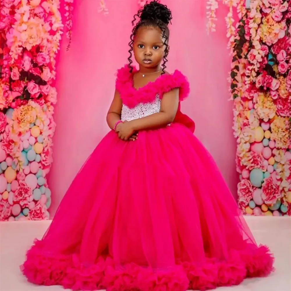 

Customized Luxury Flower Girl Wedding Dress Pearls Applique Puffy Floor Length Pleated Princess Kids First Communion Ball Gown