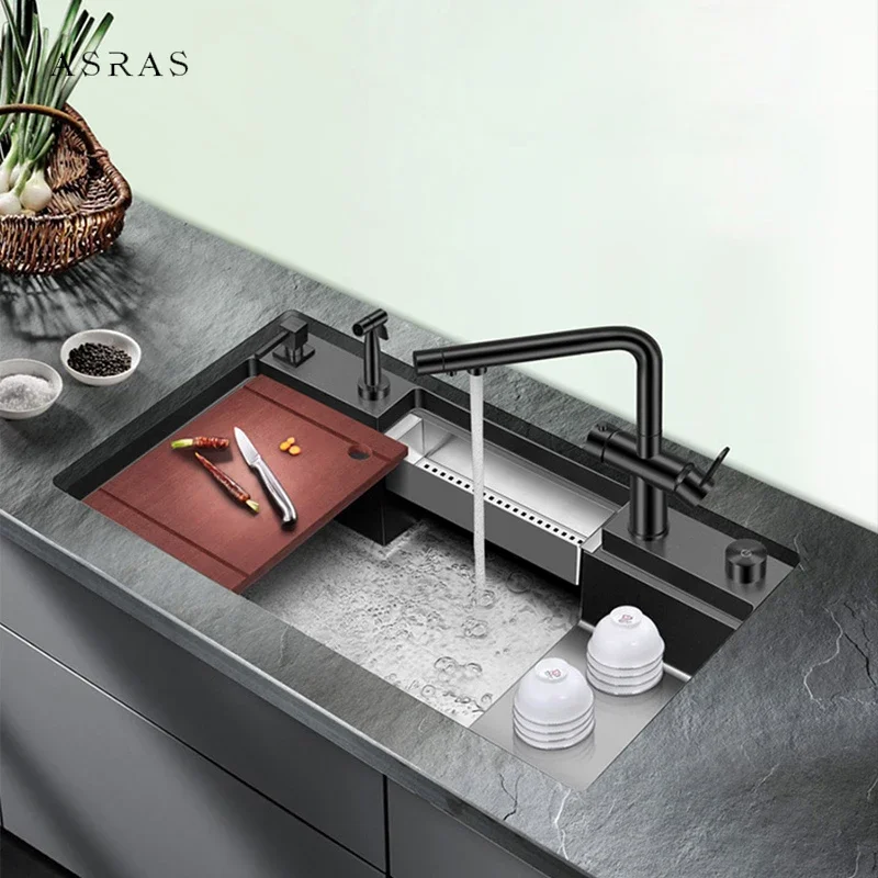 ASRAS SUS 304 Stainless Steel Nanometer Black Large Size Kitchen Step Sink 4mm Thickness Handmade Step Single Kitchen Sinks