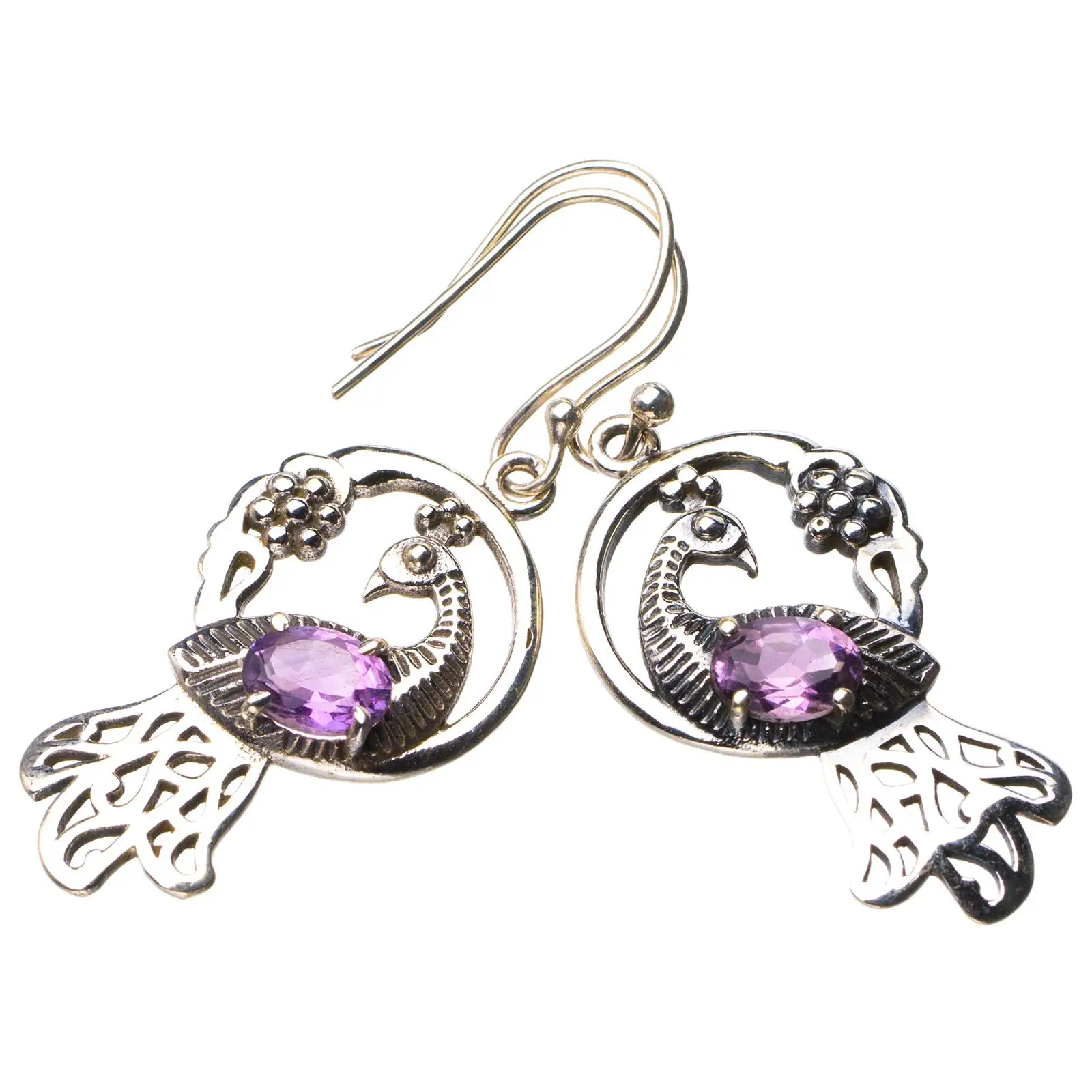 

StarGems® Natural Amethyst Peacock Handmade 925 Sterling Silver Earrings 1.75" D7138