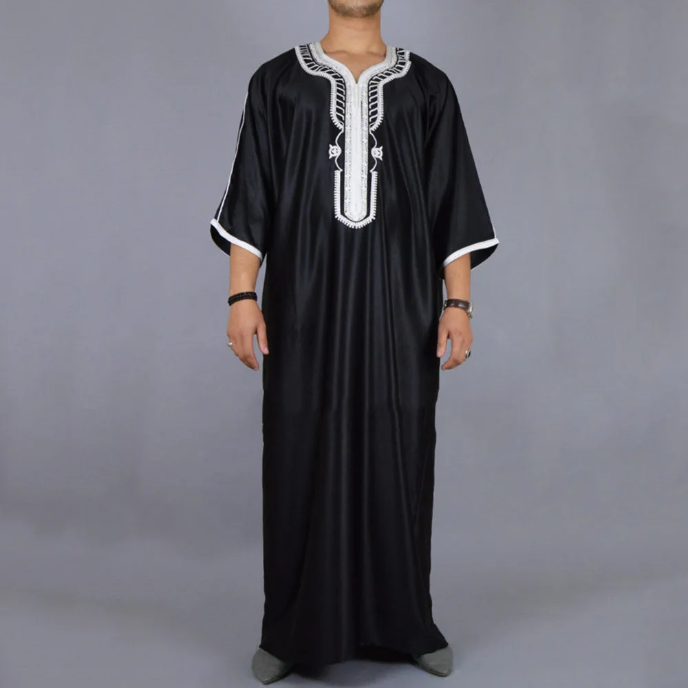 New in 2025! Men's Black Muslim Embroidered Robe, Casual Long Shirt Style, a Must-have for Youth