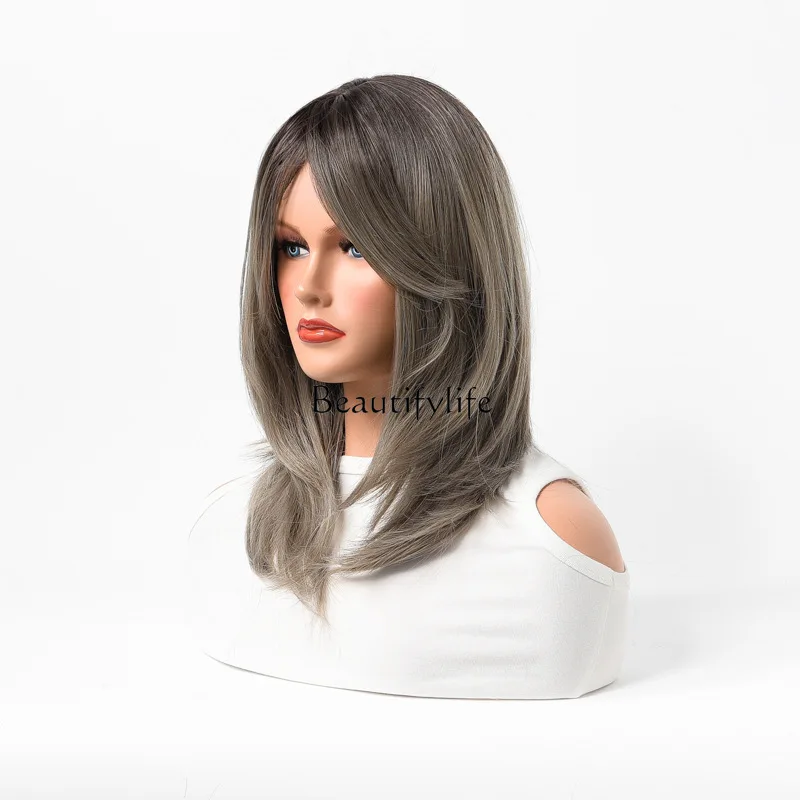 Highlights eight-character bangs gradual change color medium and long curly hair wig, chemical fiber high temperature silk