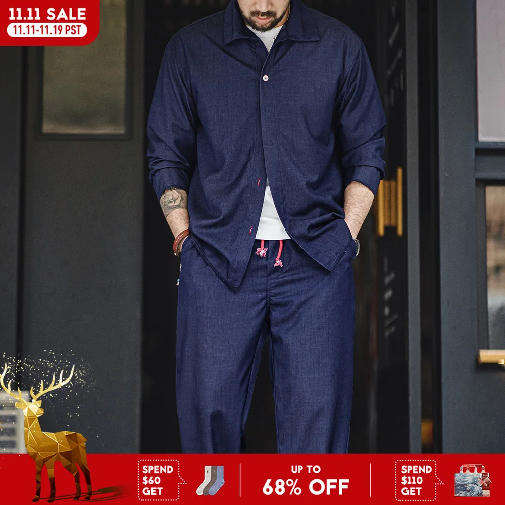 

Maden Spring Vintage Blue Sets for Men Long Sleeve Shirts Loose Casual Straight Pants Mens Clothes Set Two Piece Plus Size Shirt