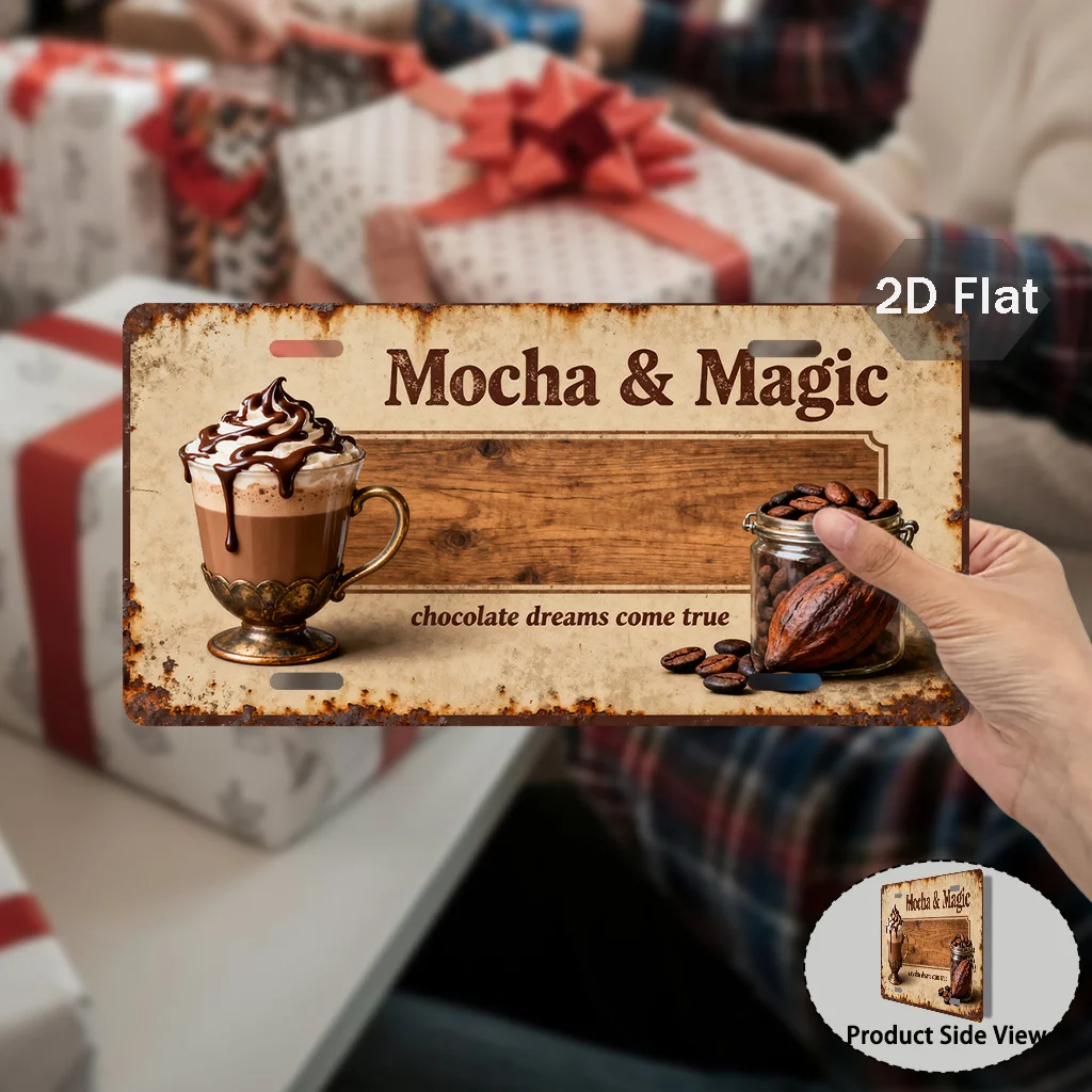 Vintage Aluminum Metal Sign Mocha & Magic Coffee Cocoa Bean & Cursive Font Retro Wall Art Plaque for Home Bar Cafe Farmhouse Wal