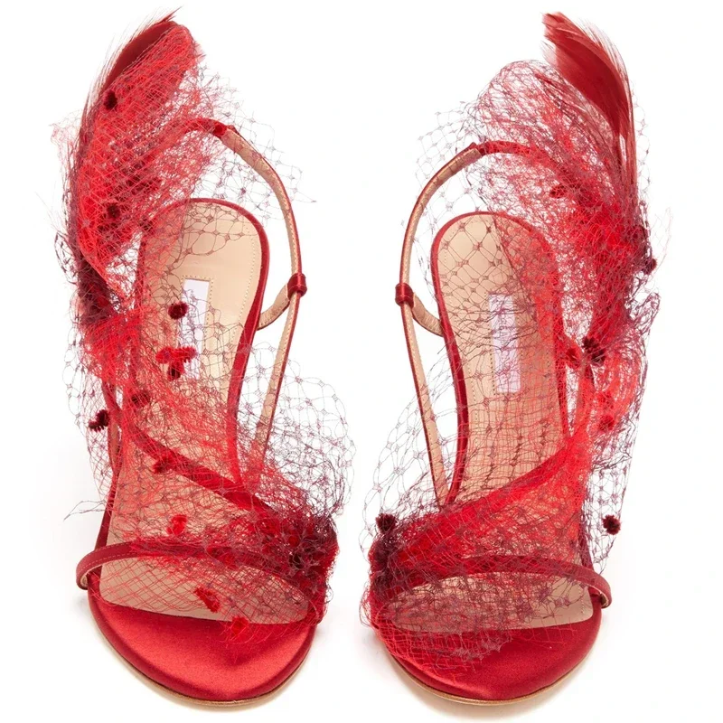 Mesh Feather Banquet High Heels, Women\'s Fine Heels, European and American Summer New Sexy Versatile One line Sandals