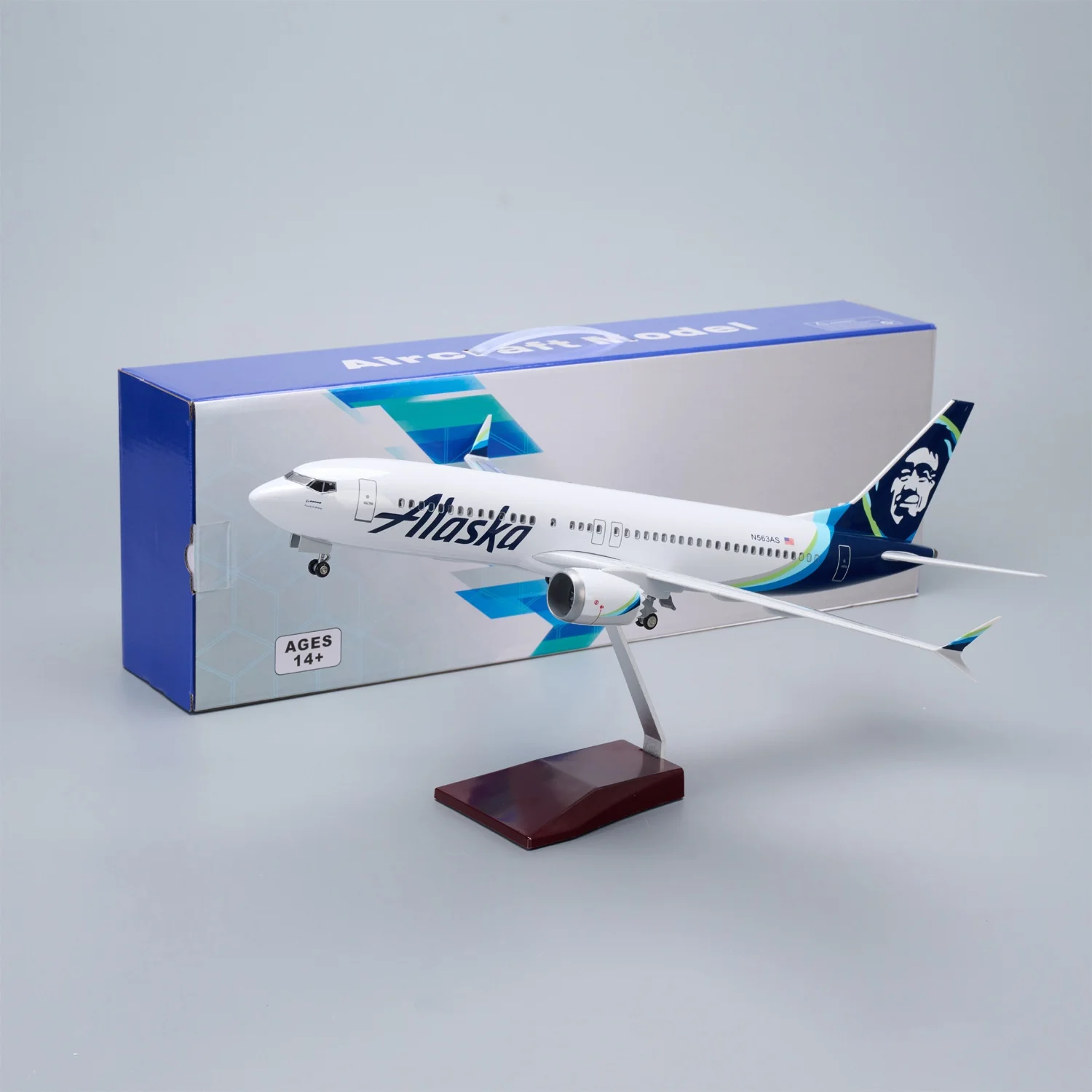 

47cm B737max Airplane Model Alaska Airways Resin Planes with Landing Gear Wheels Light(Touch or Sound Control) Collectible