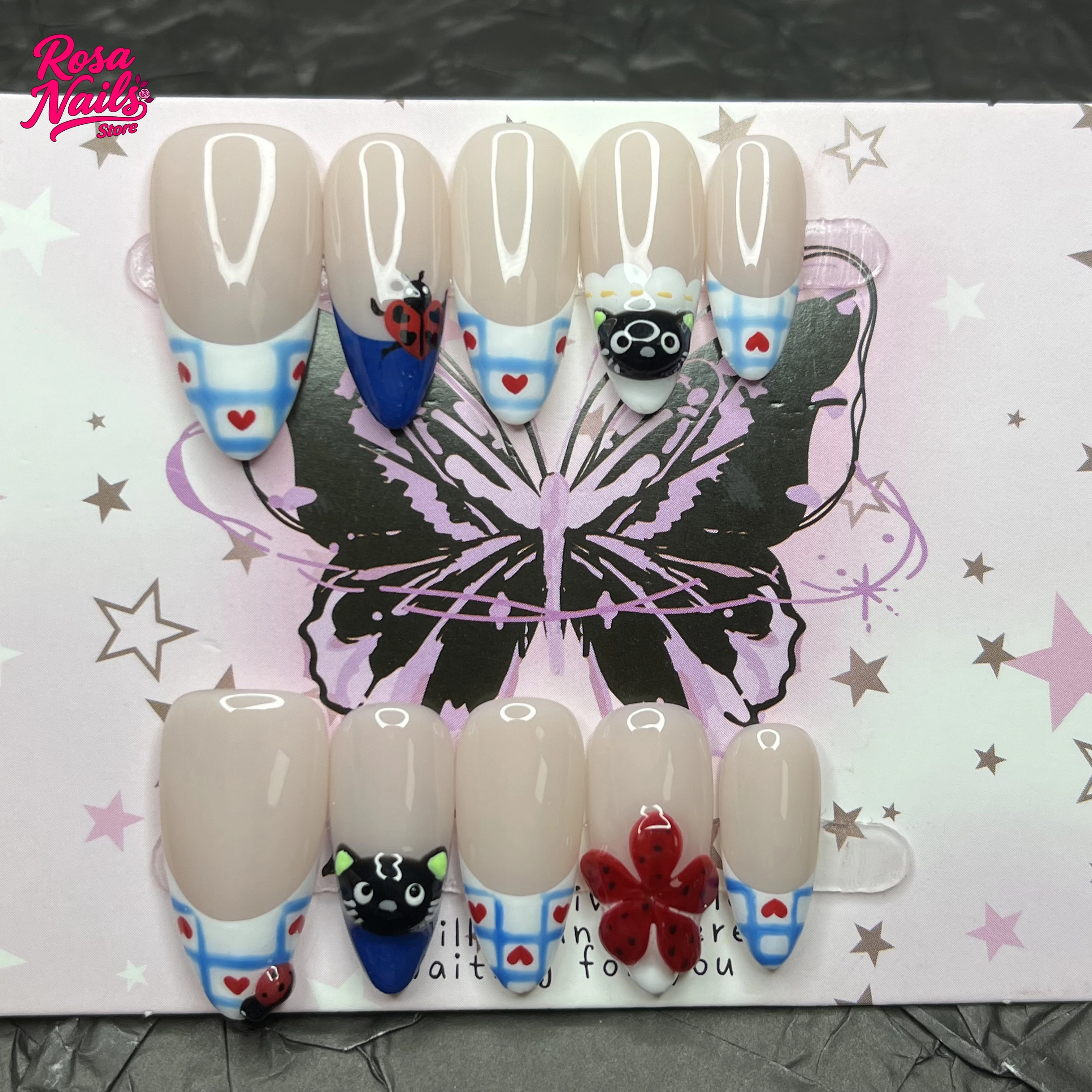 

10pcs Handmade Press on Nails 3D Black Cat Kitties Ladybug Blue French Tips Nail Almond Press Ons Cute Kawaii Cats Acrylic Nails