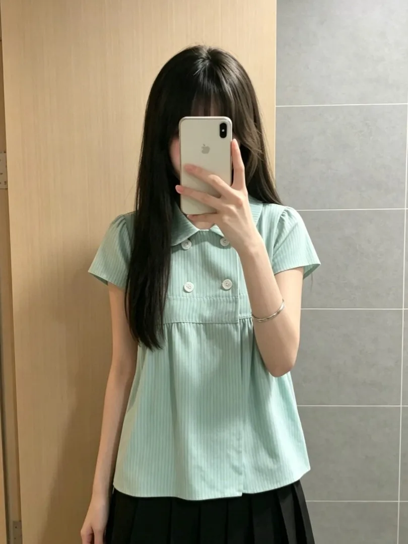 Sweet Striped Short Sleeve Shirt Women's College Style Fashionable Versatile  Top Breathable Skin-friendly Deformable Sum...