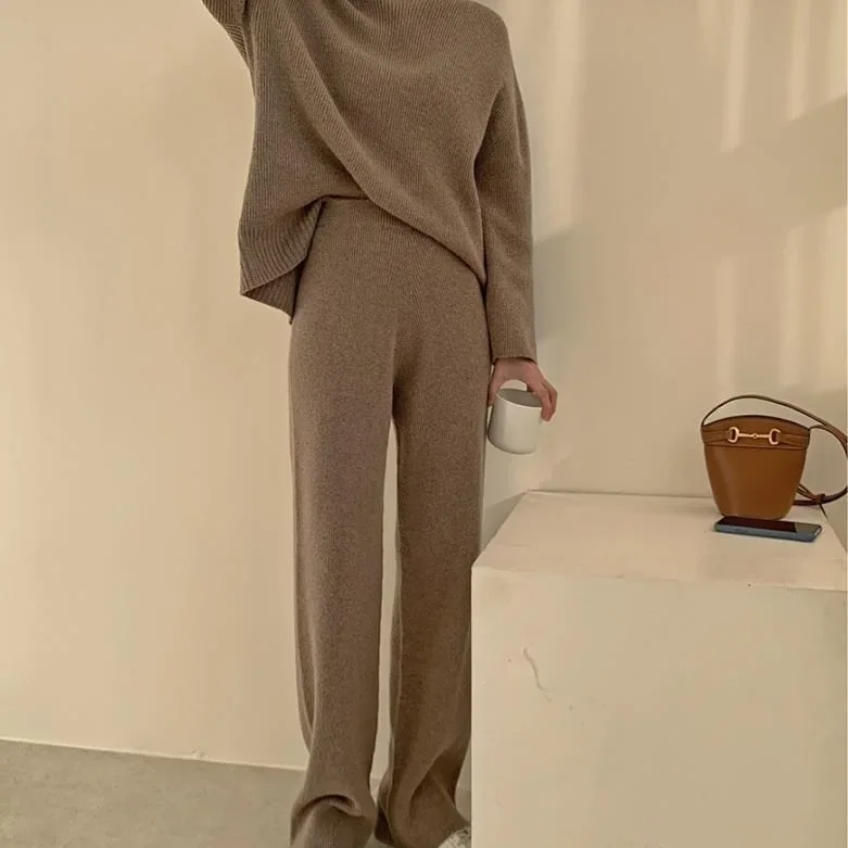 

Прямые брюки с высокой талией, однотонные повседневные легкие эластичные свитера, женские комплекты из двух предметов, вязаный топ, свитера с круглым вырезом и длинными рукавами