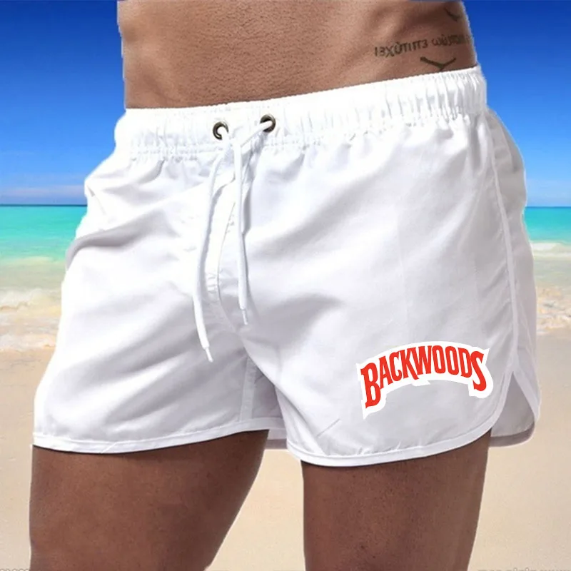 Troncos de praia masculinos verão nadar calças de ginásio secagem rápida natação surf ventilar cordão moda casual curto 2024