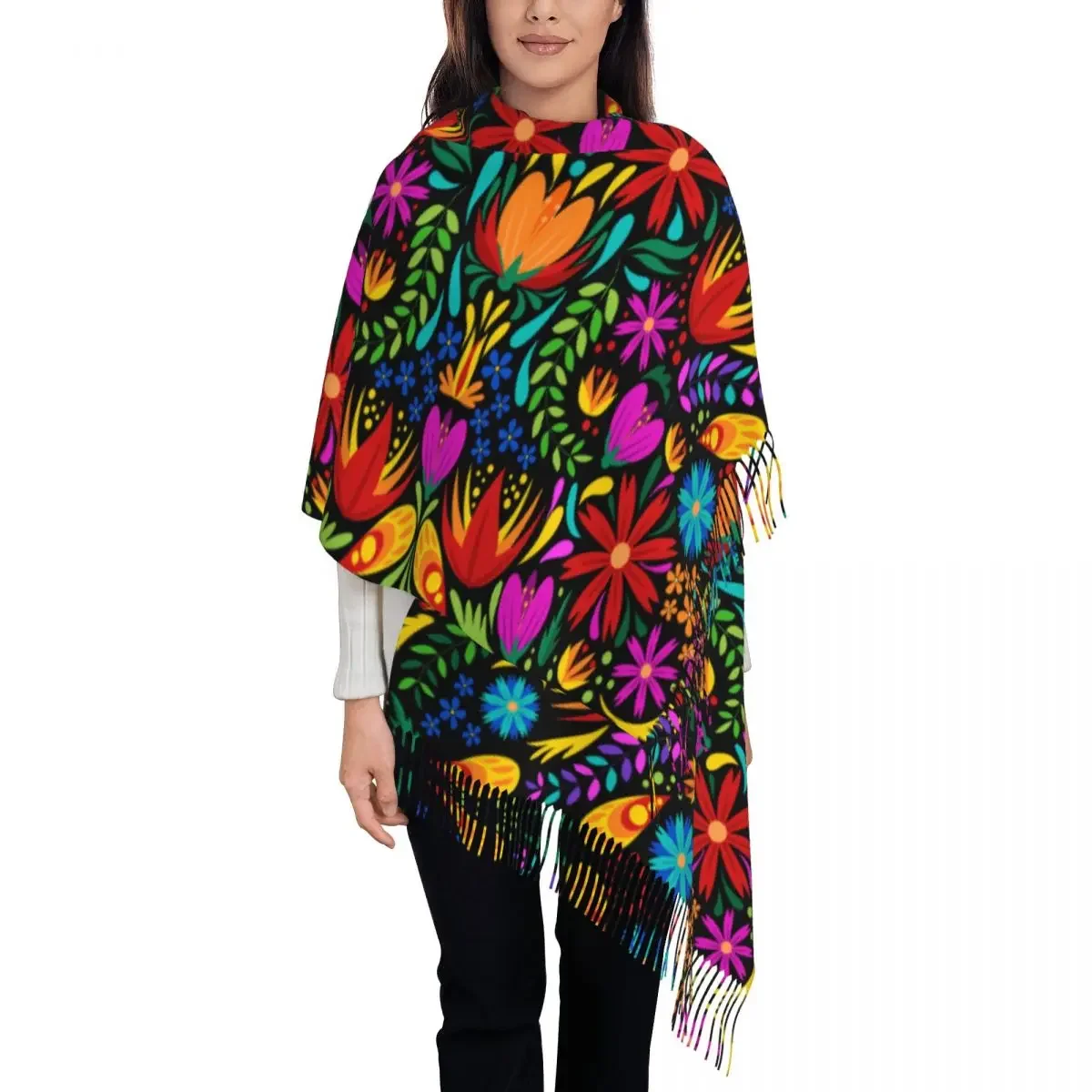 Custom Printed Colourful Floral Mexican Flowers Scarf Men Women Winter Fall Warm Scarves Shawls Wraps