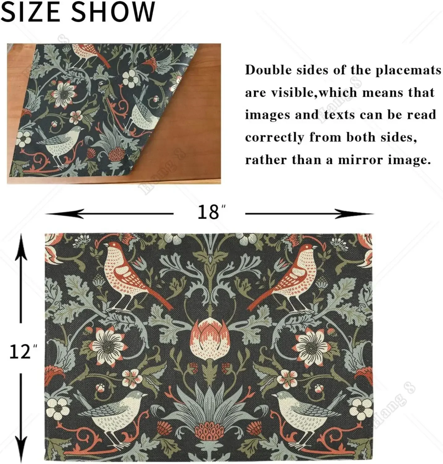 Vintage Birds Placemats Set of 4 William Morris Flower Birds 12x18inch Linen Washable Kitchen Table Place Mats Table Mats