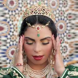 Morocco Women Hairwear Red Green Rhinestone Bridesmaid Jewelry Gold Plated Muslim Wedding Jewelry Gold Crown