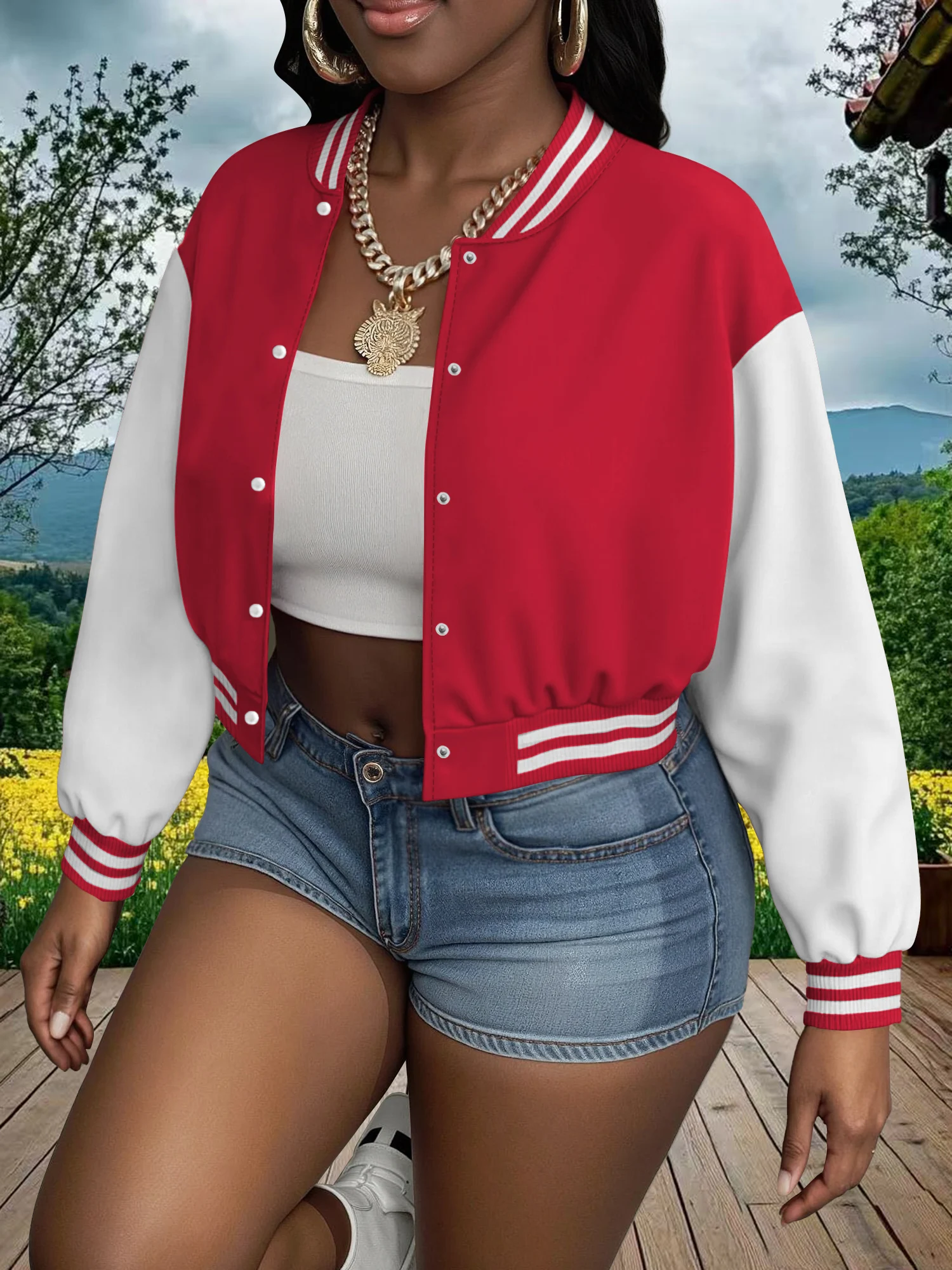 

Cropped Snap-Front Varsity Jacket, Ribbed Trim Baseball Bomber for Campus & Student Outfits