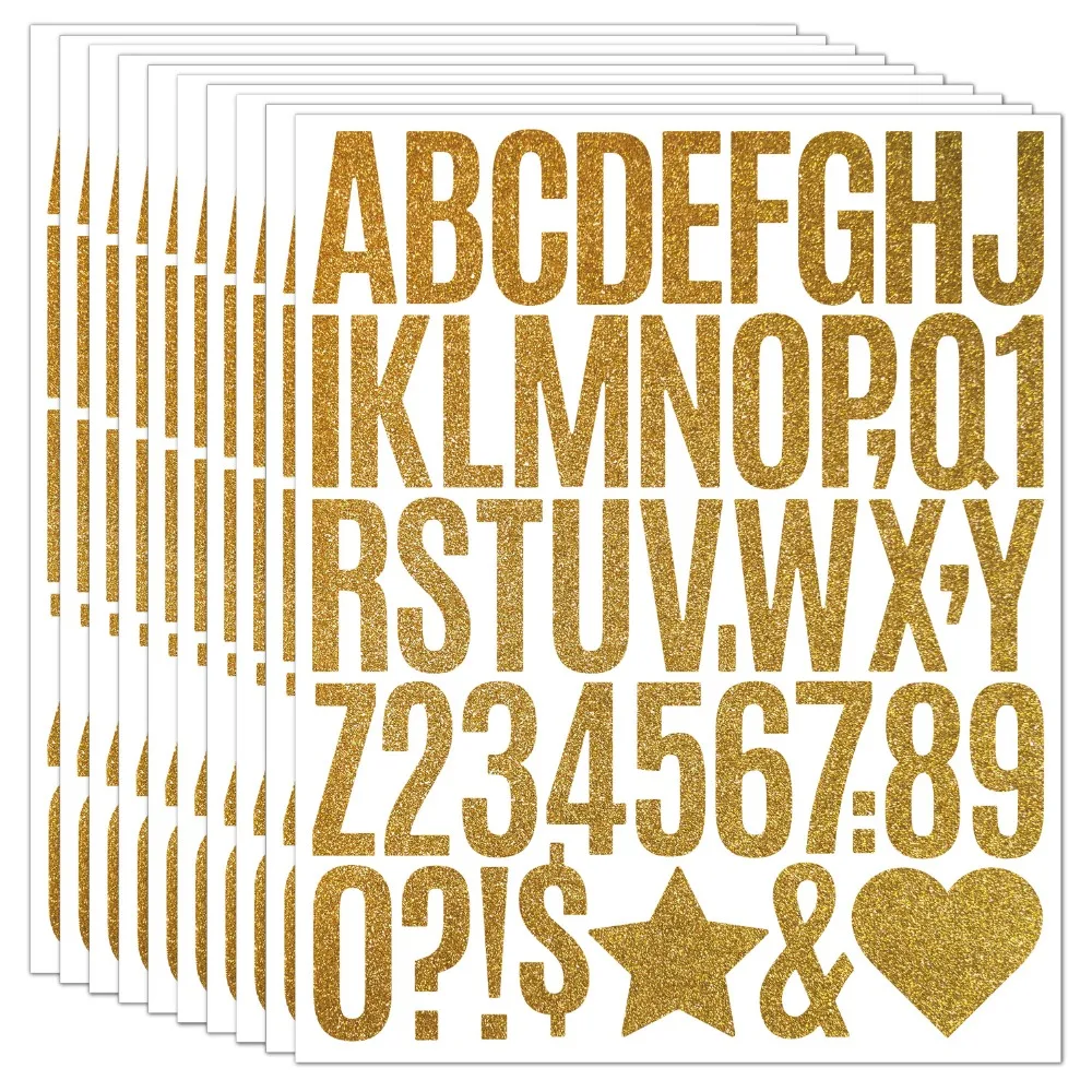 5 Sheets English Letter a-Z Glitter Letter Stickers 2/1.5 Inch Self Adhesive Alphabet Big Letter Stickers Heart Gold