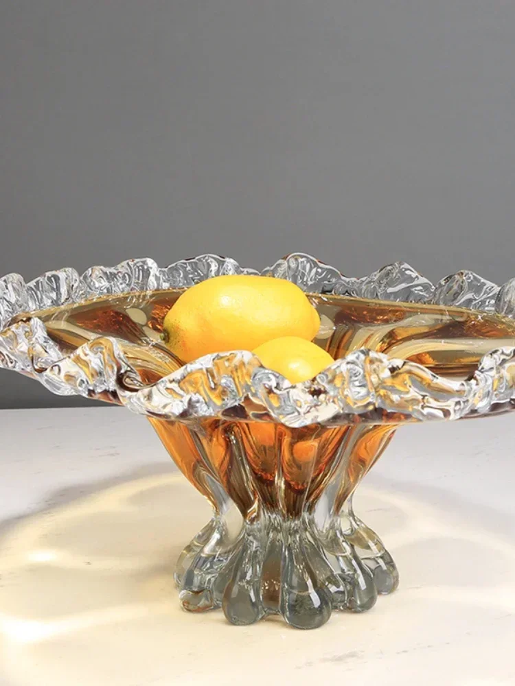 Y  Colored Glass Fruit Plate Wavy Edge Large Fruit Plate Living Room and Hotel Coffee Table Top Candy Storage Tray