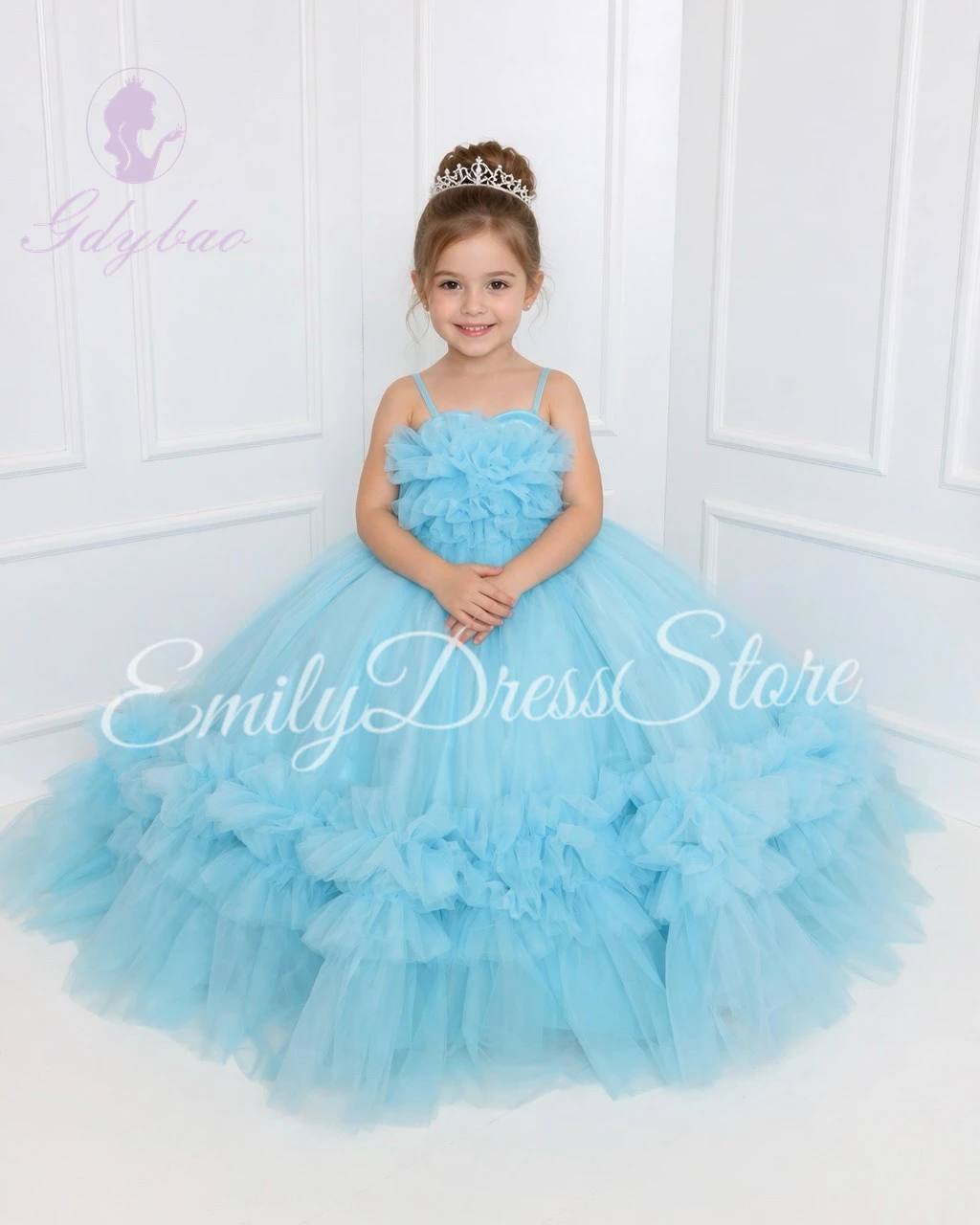 

Customized Blue Flower Girl Dress for Wedding Tulle Layered Elegant Puffy Kids Birthday Party Bridesmaid First Communion Gown